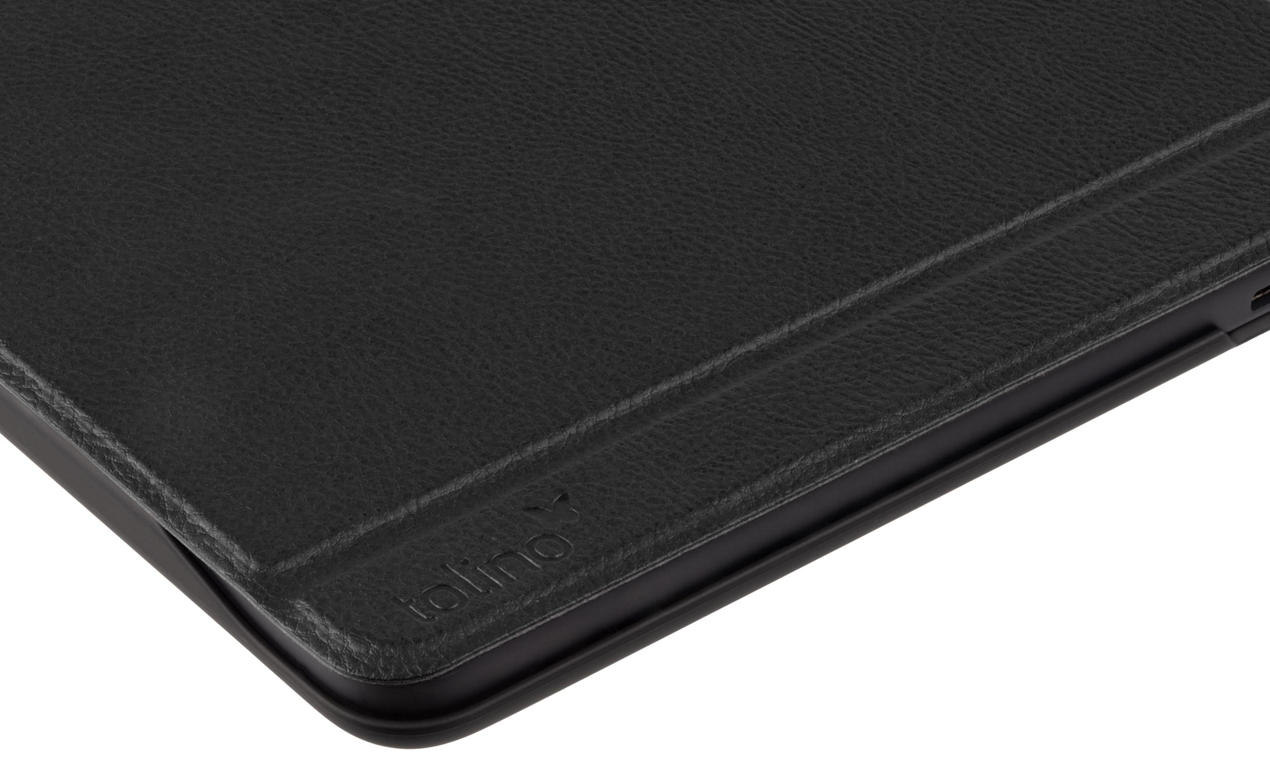 Schwarze Tablet-Hülle aus Leder. Das Tolino-Logo ist sichtbar.