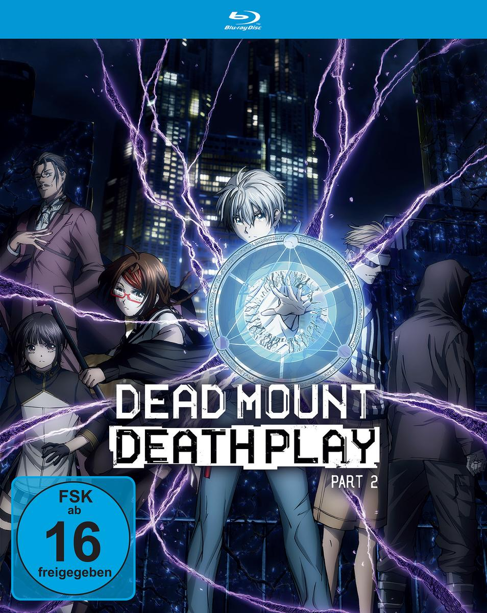 Dead Mount Death Play Part 2 Blu-ray-Cover mit Anime-Charakteren, Blitzen und Stadt-Hintergrund.