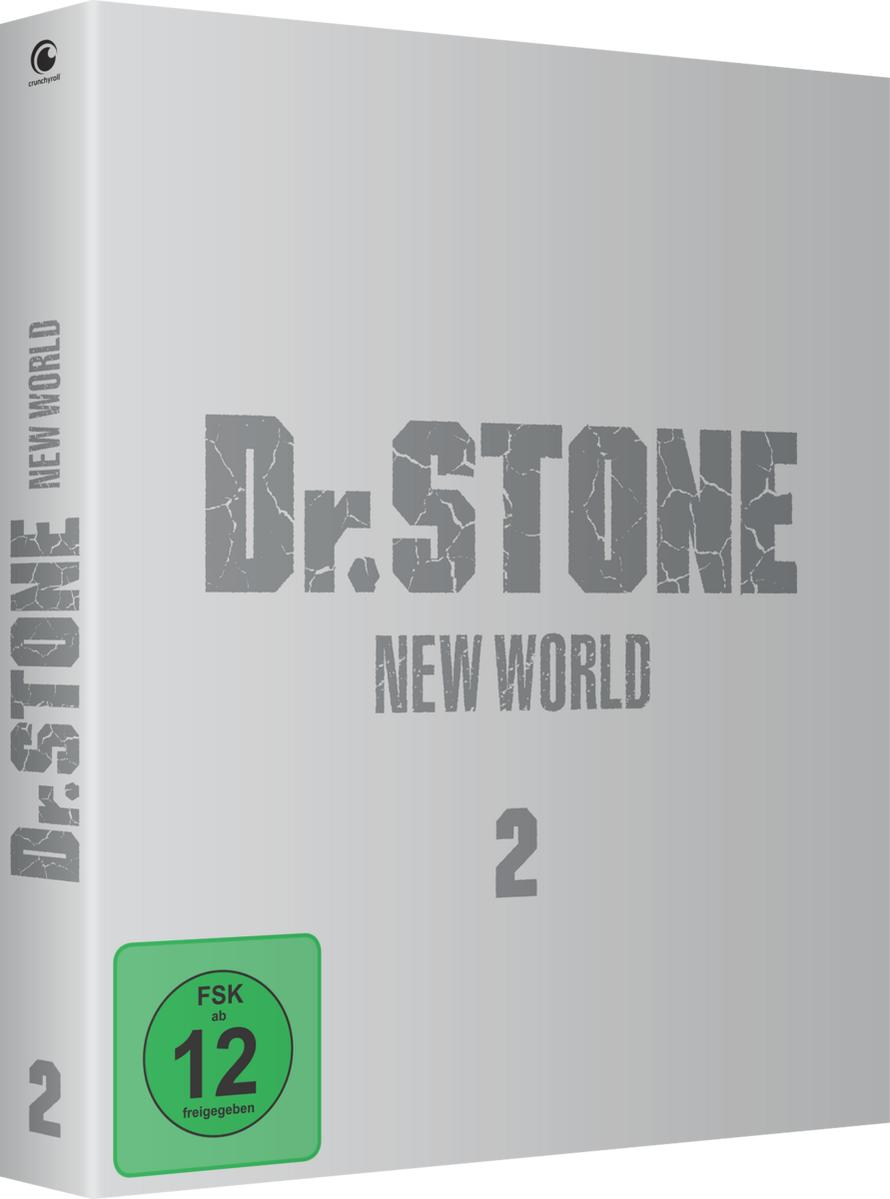 Dr. Stone New World 2 Blu-ray-Hülle, grauer Hintergrund mit Logo.
