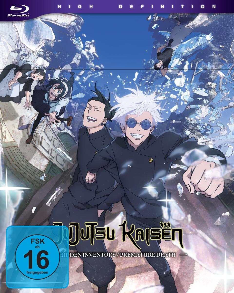 Anime-DVD-Cover mit zwei lächelnden Charakteren, Action-Szene. Japanische Schrift und Logo.