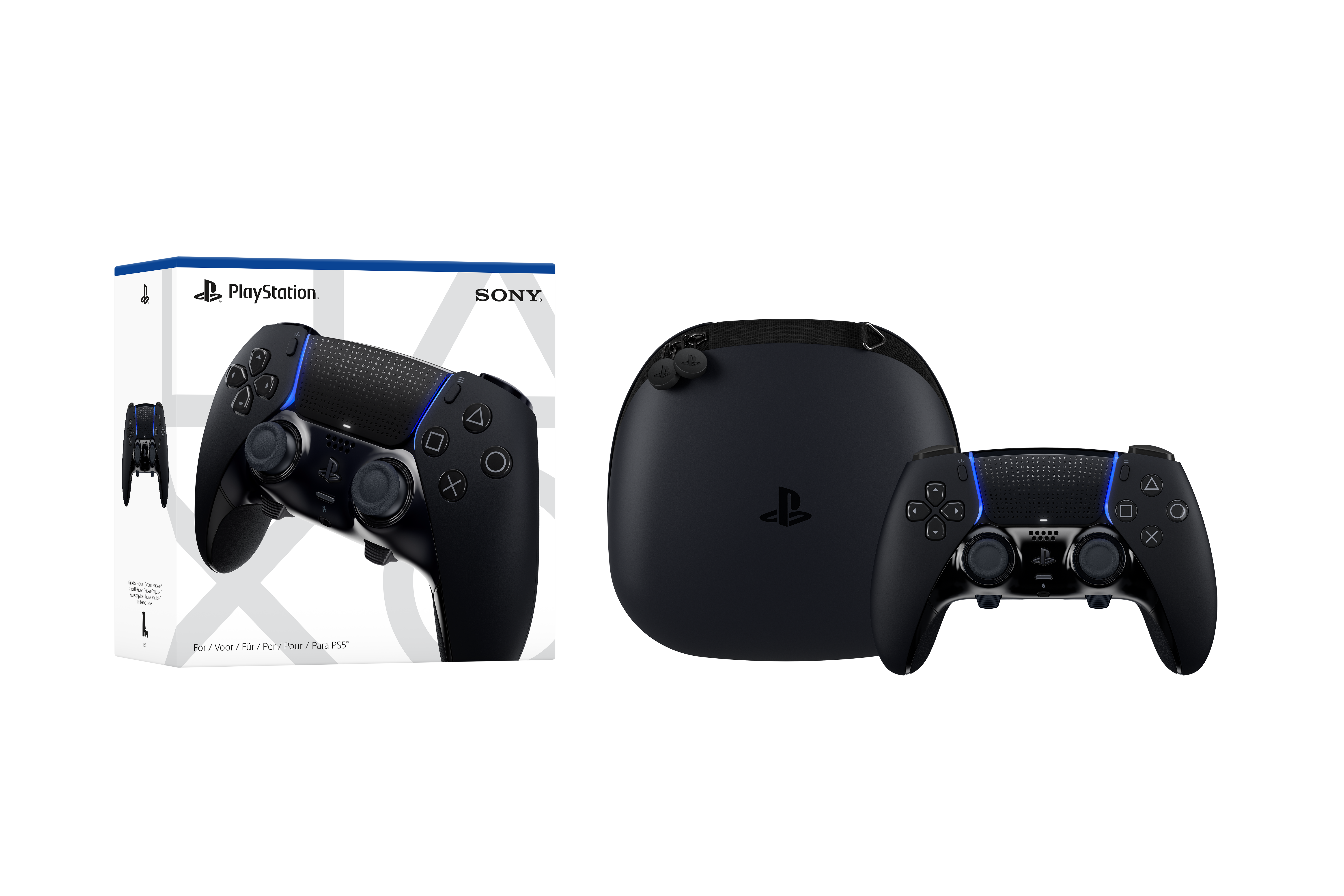 Schwarzer PlayStation-Controller mit Box und Transportetui.