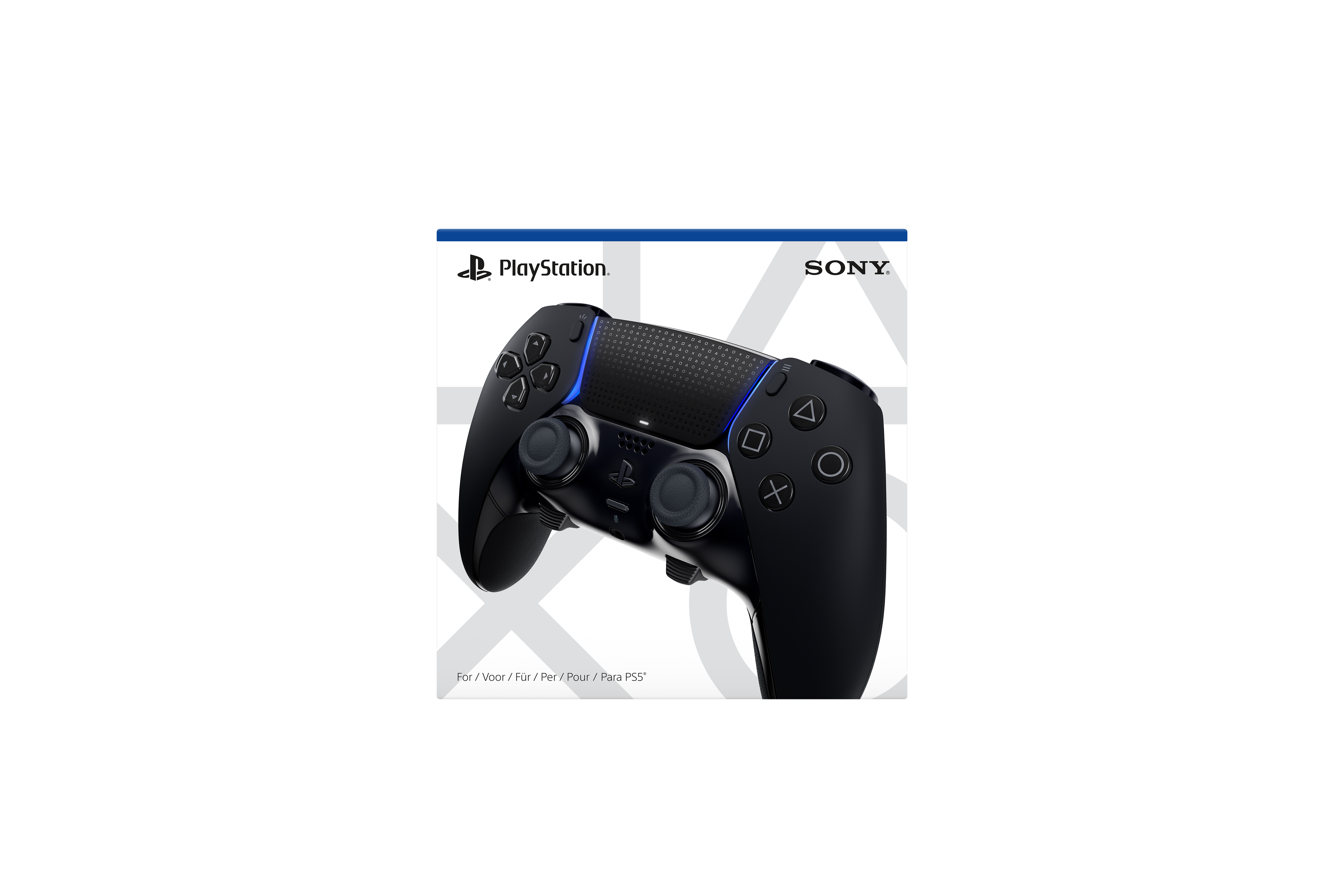 Schwarzer PlayStation-Controller mit blauen Lichtern, schwarzer Hintergrund.