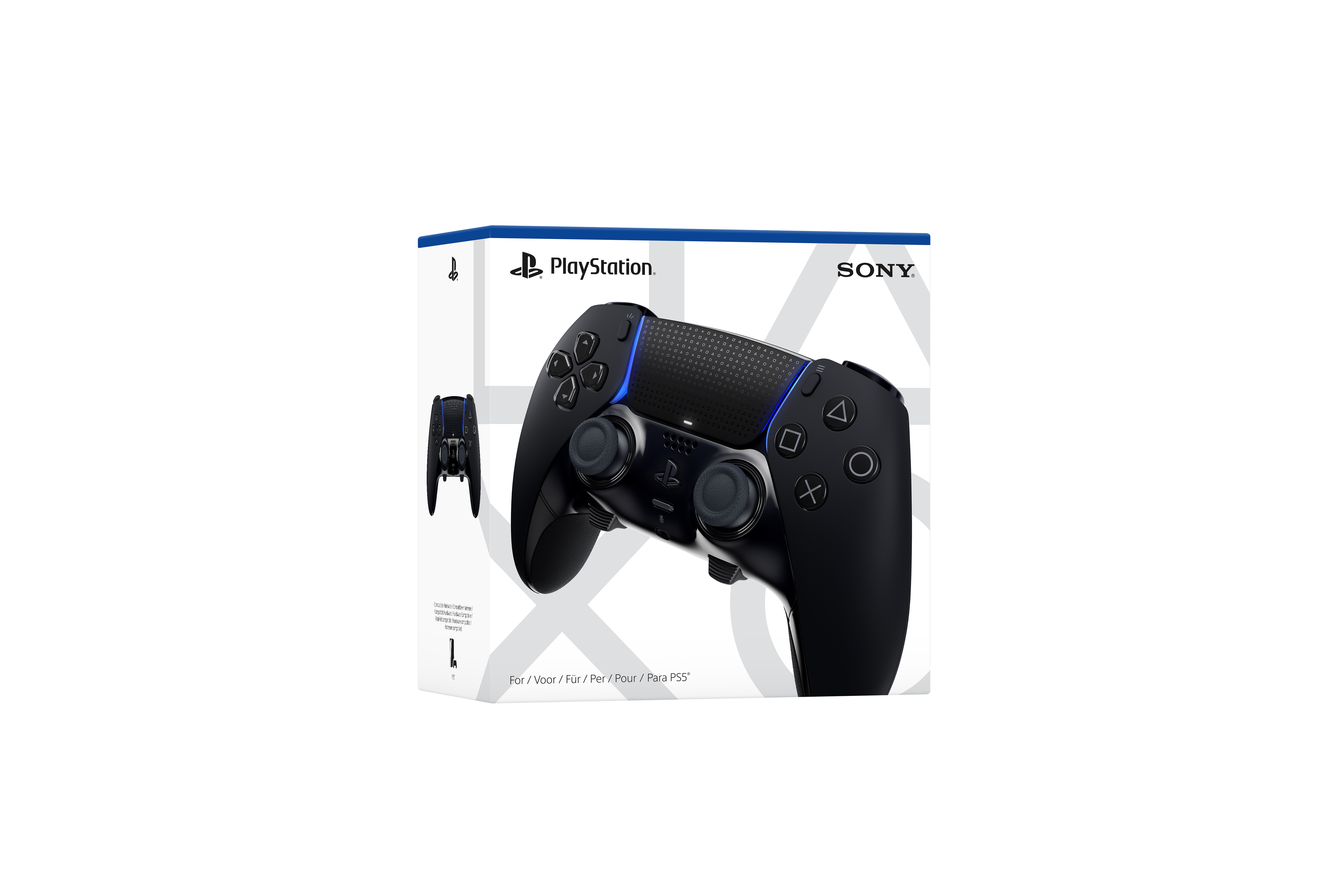 Schwarzer PlayStation-Controller in seiner Box, mit dem PlayStation-Logo.