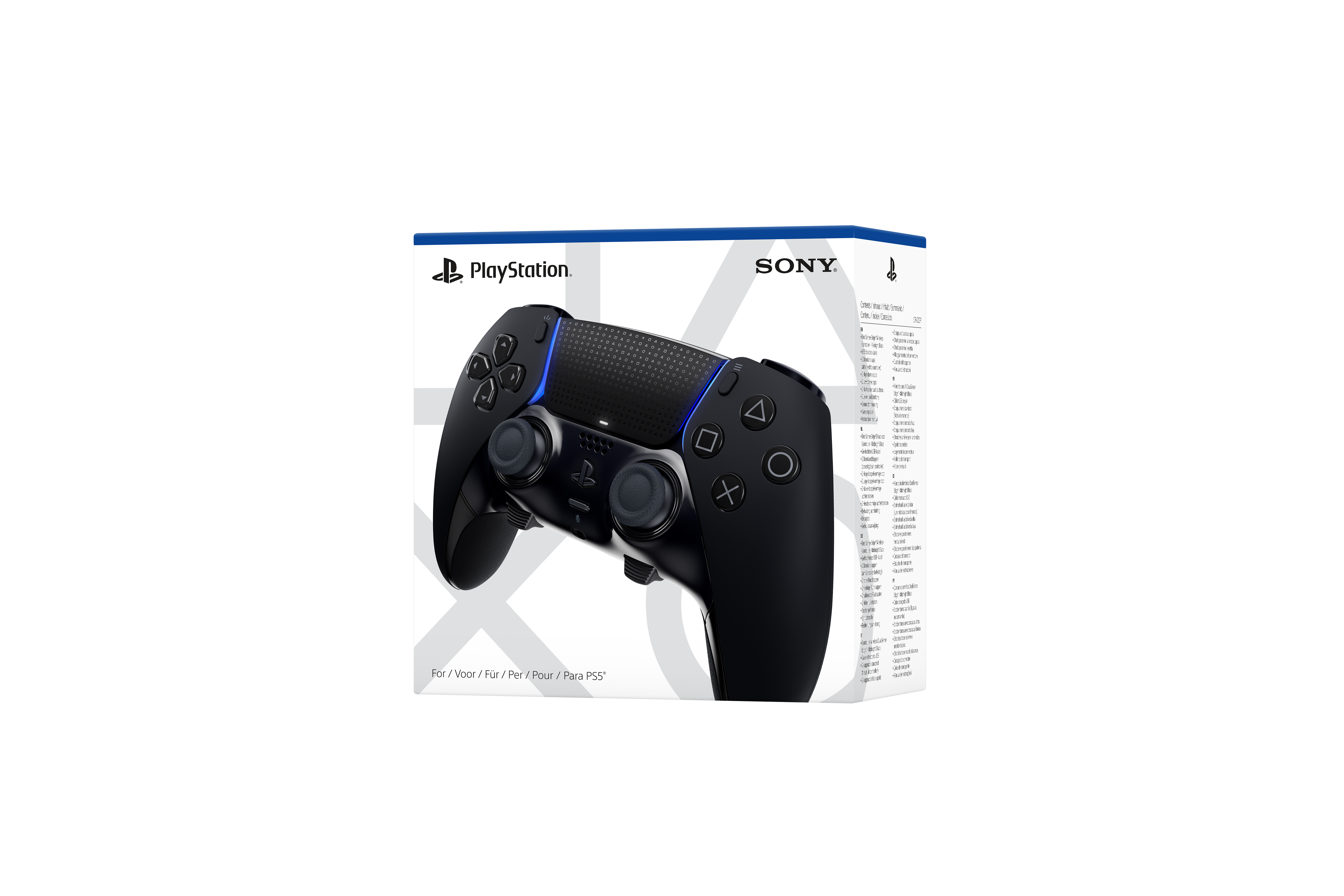 Schwarzer PlayStation-Controller in einer Box. Weißer Hintergrund. Controller hat blaue Beleuchtung und Tasten.
