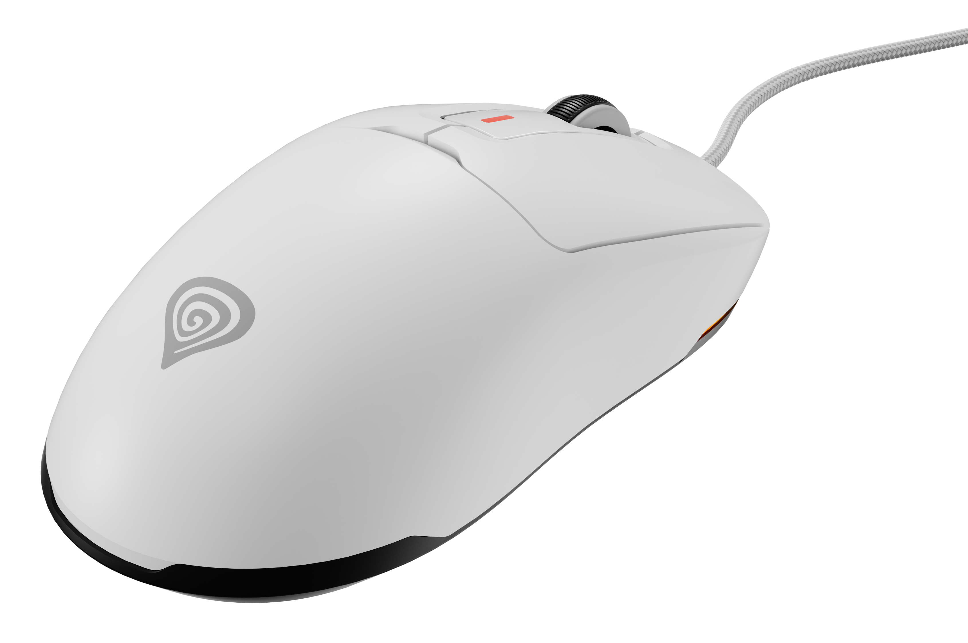 Biała mysz gamingowa. Logo Genesis. Kółko i przyciski na górze. Czarne tło.