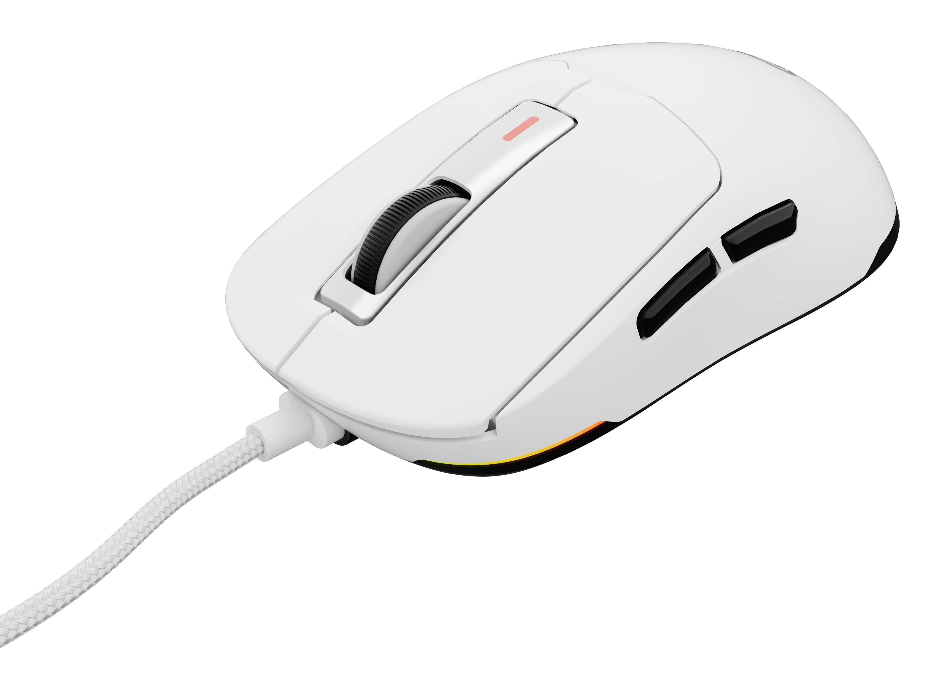 Biała mysz do gier z przyciskami i kółkiem przewijania, czarne tło.