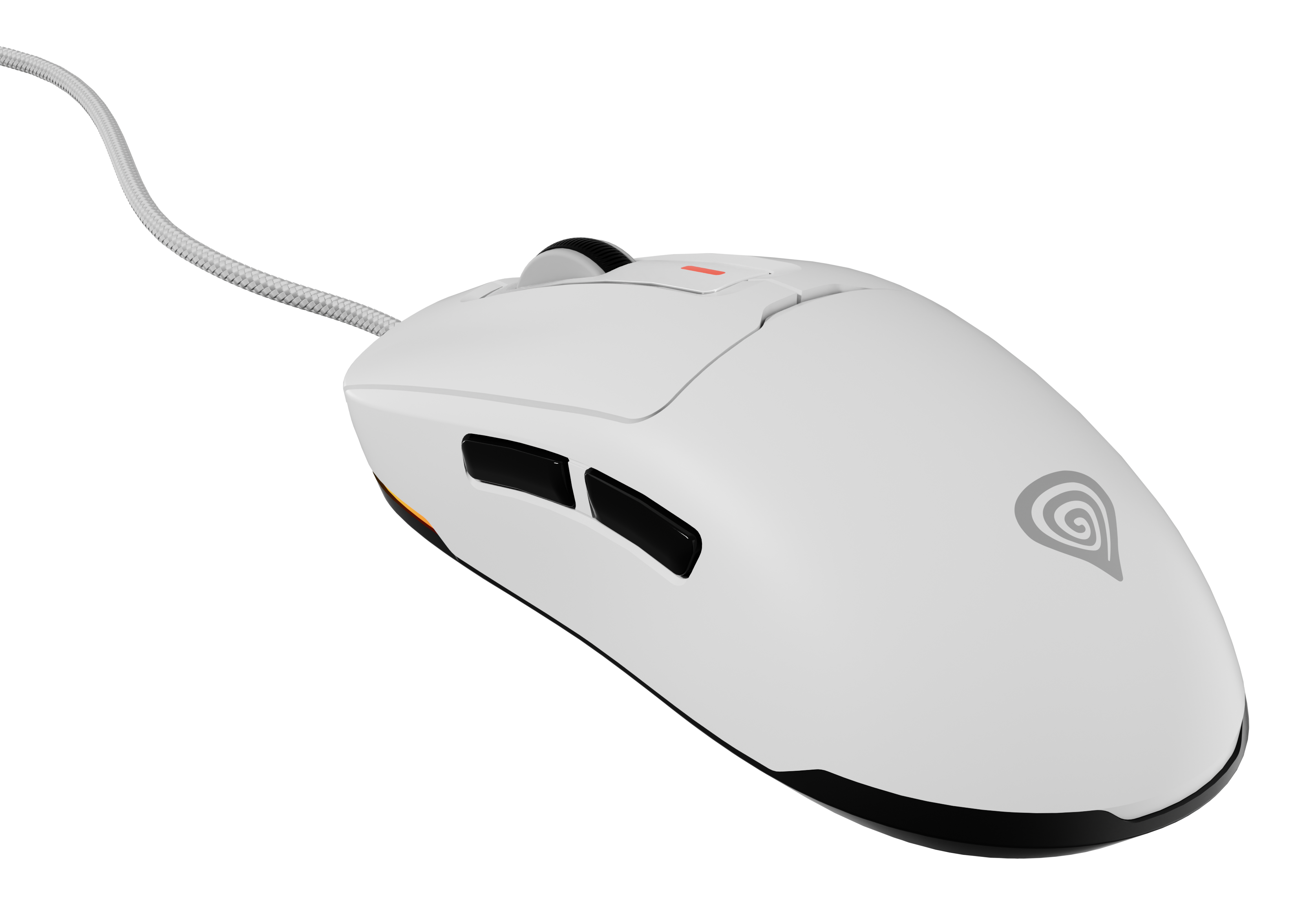 Biała mysz gamingowa z czarnymi akcentami i logo Genesis na czarnym tle.