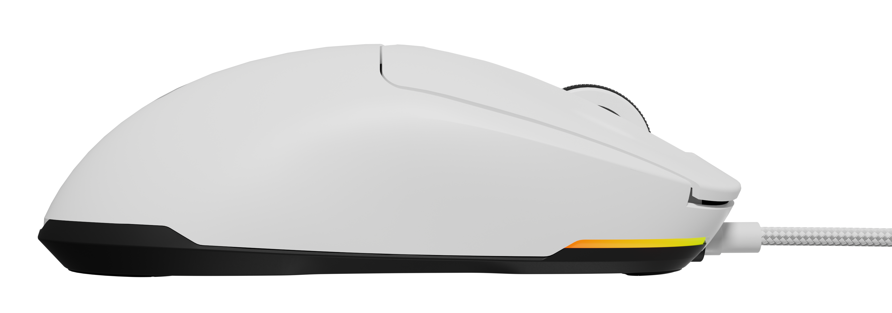 Biała mysz do gier z plecionym kablem i kolorowymi światłami.