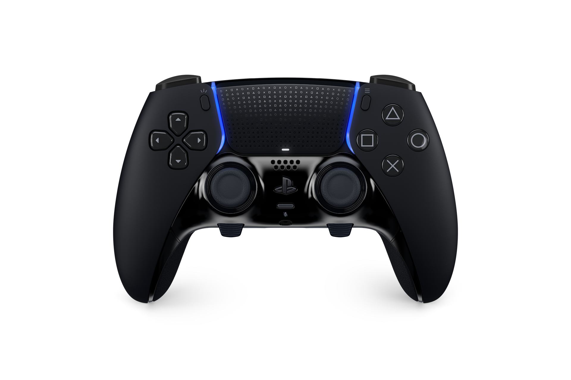 Schwarzer Playstation 5-Controller mit blauer Beleuchtung.