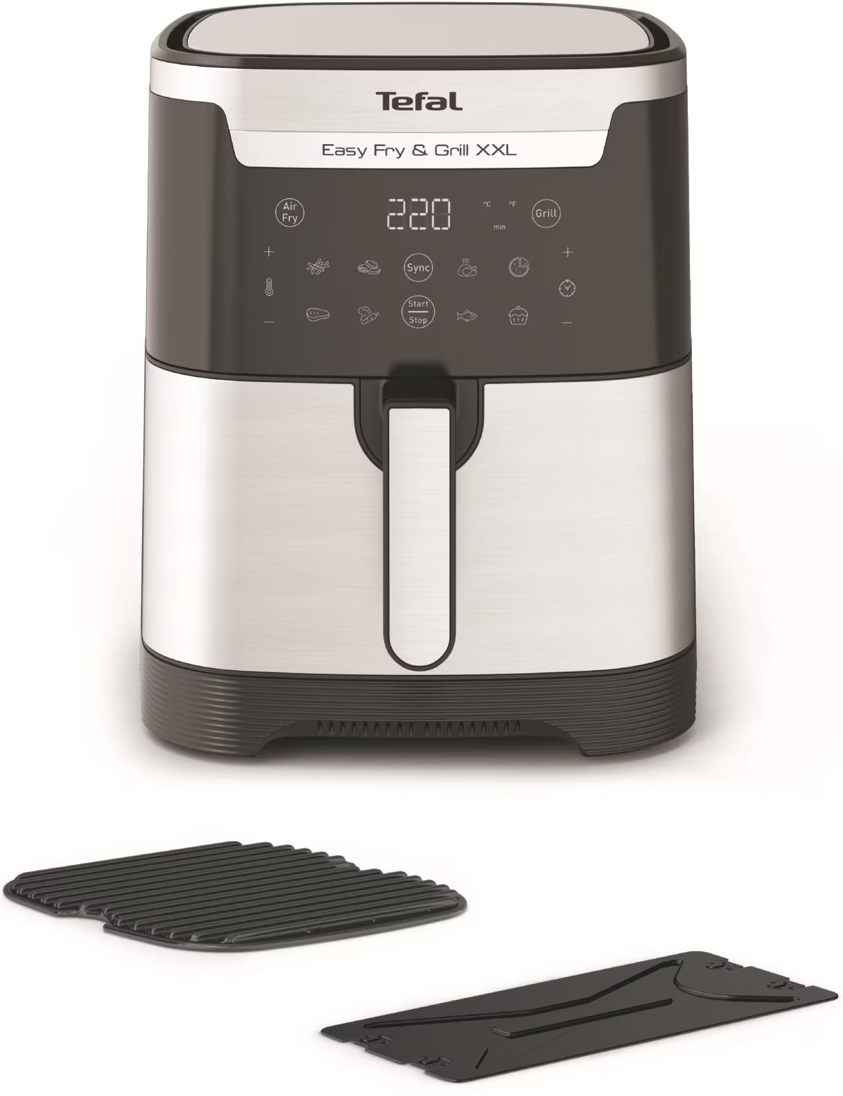Friggitrice ad aria nera e argento con display digitale e accessori da cucina.