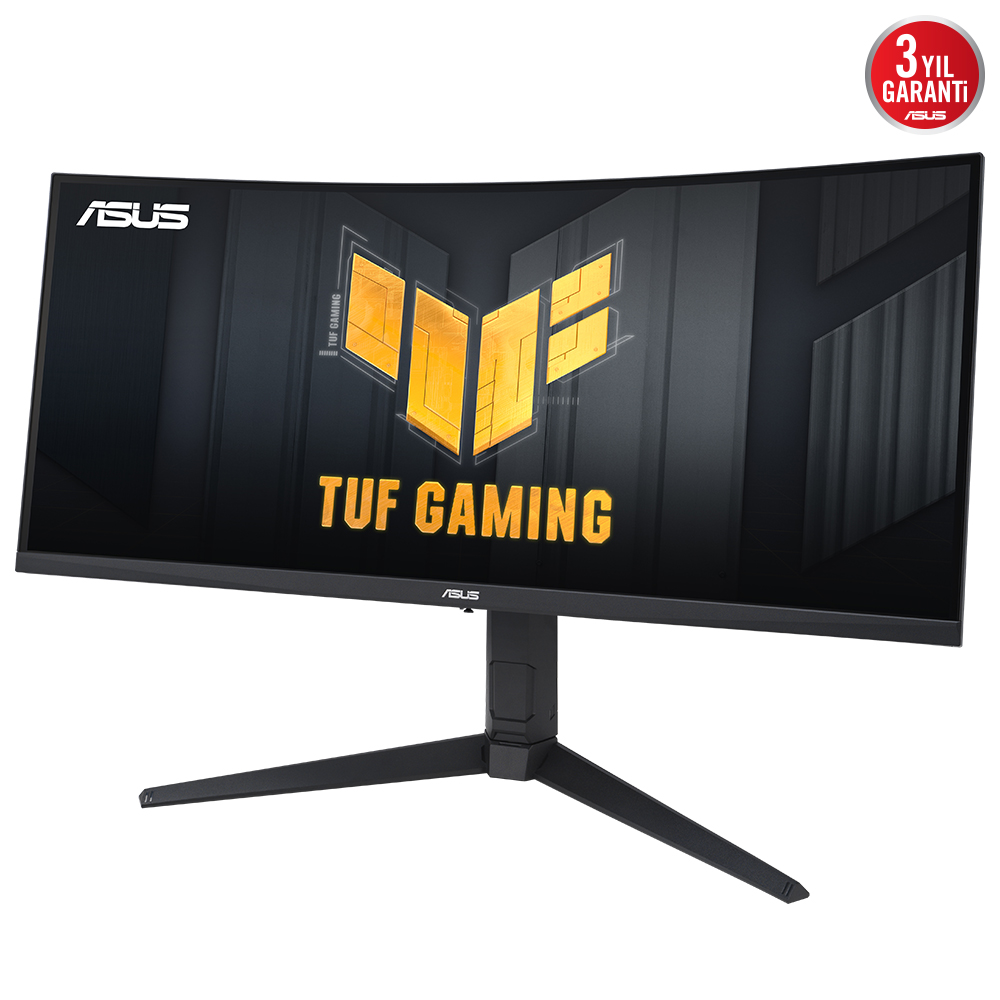 ASUS logosu ve TUF GAMING yazısı olan siyah, kavisli monitör. Bir standı var.