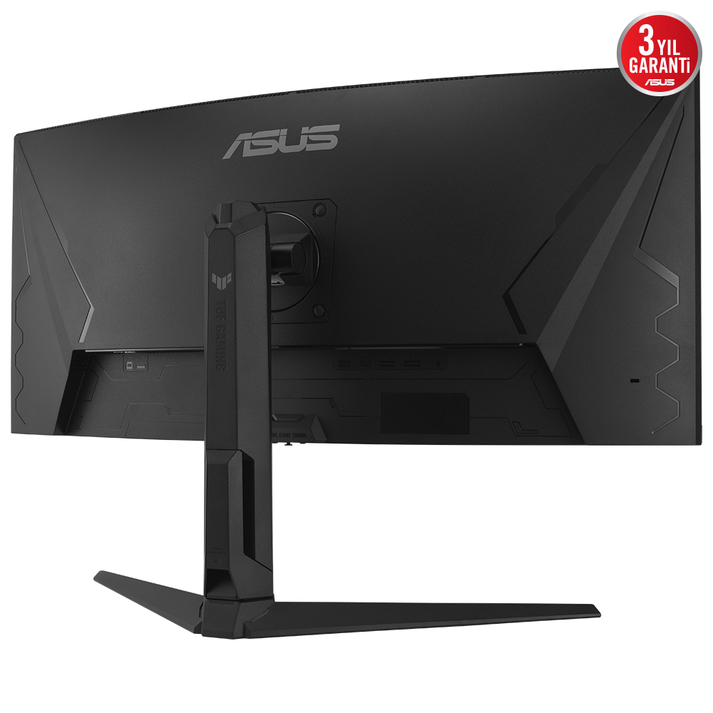 ASUS logolu ve standlı, siyah, kavisli bir monitörün arka görünümü, bağlantı noktaları.
