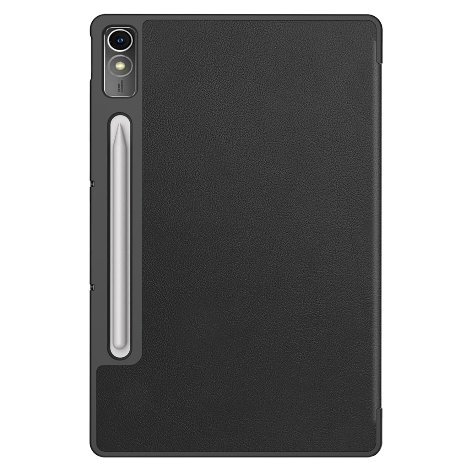 Zwarte tablet met een pen aan de zijkant. De achterkant heeft een camera.