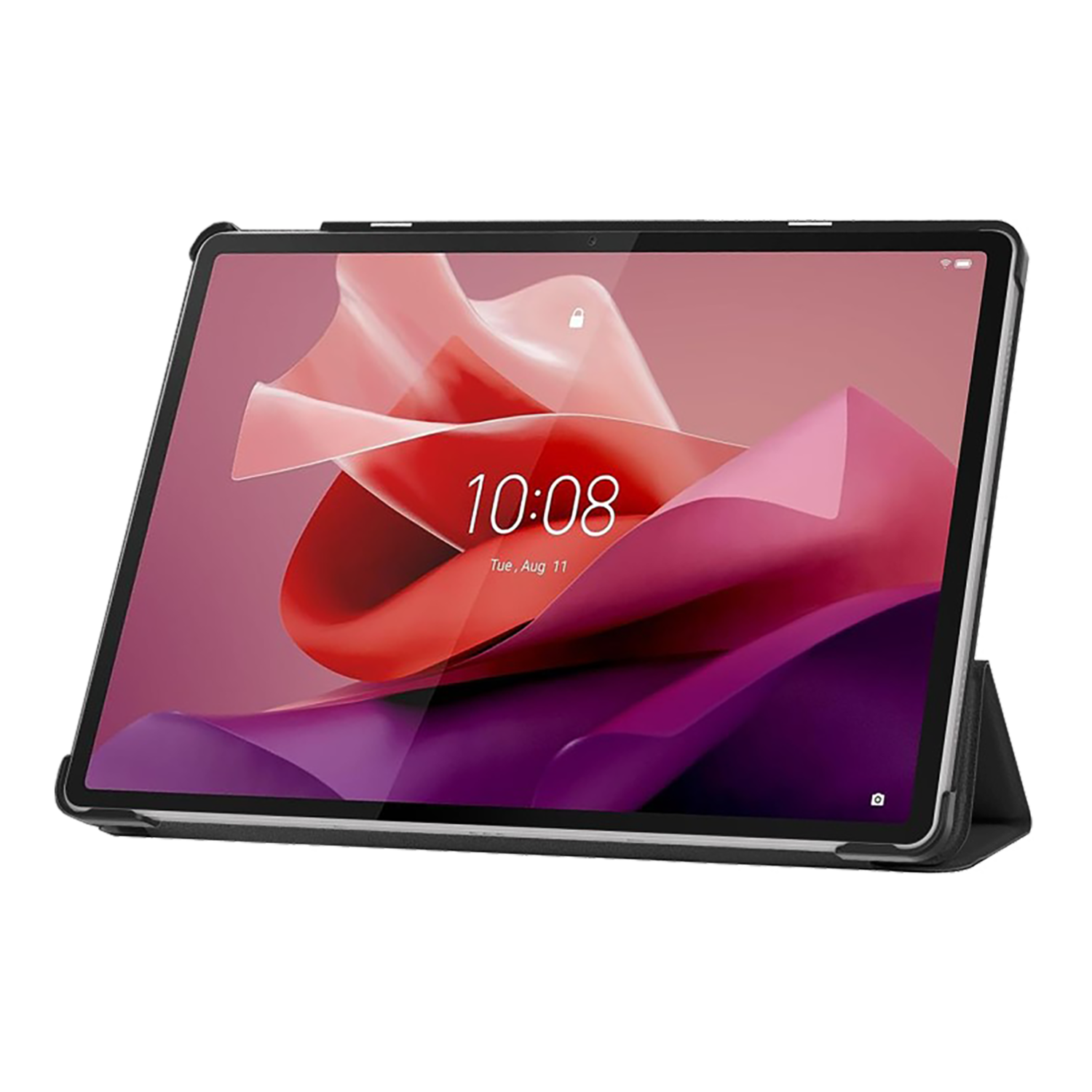 Tablet op een zwarte hoes, scherm toont tijd en datum, met een kleurrijke achtergrond.