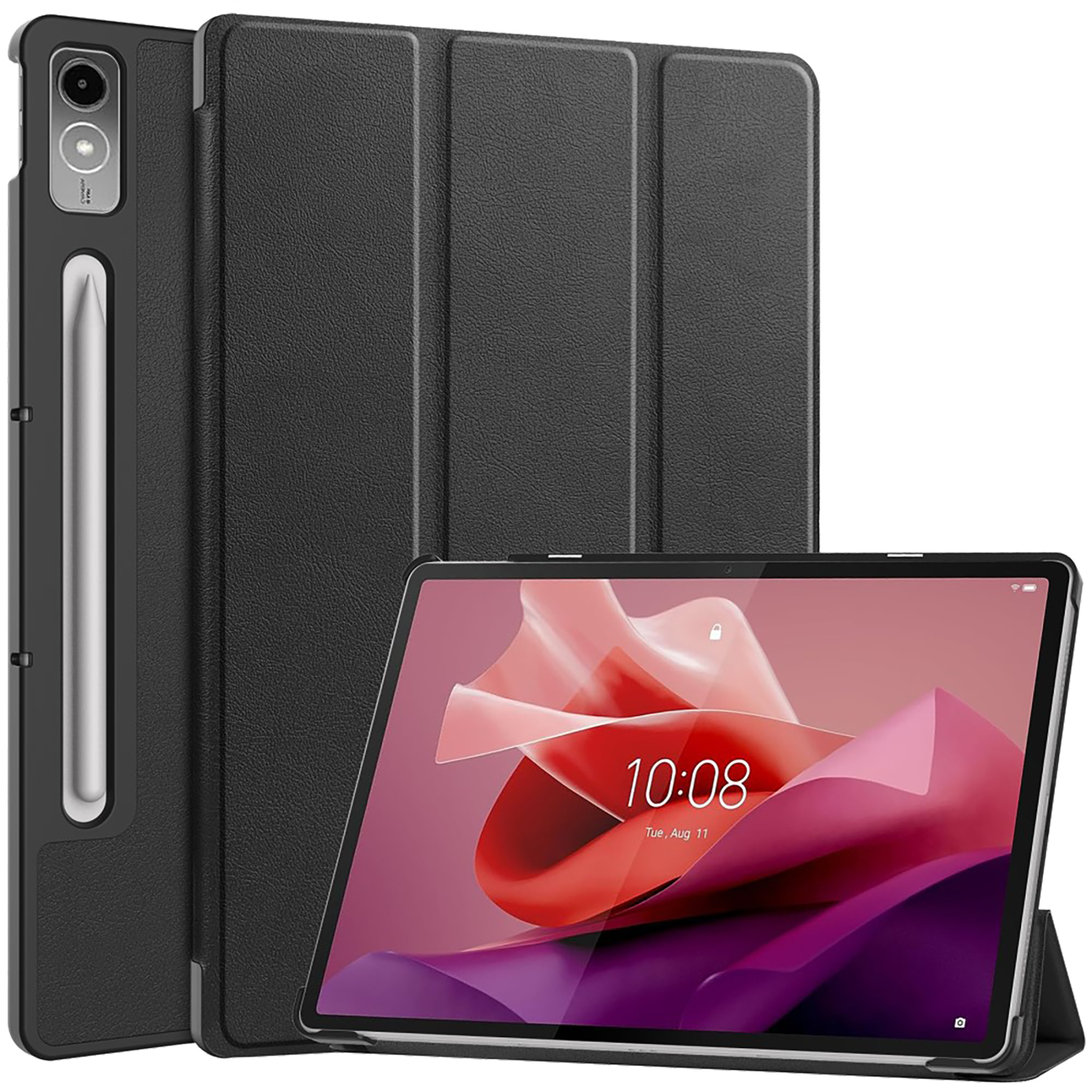 Zwarte tablet met hoes en stylus, tegen een witte achtergrond.