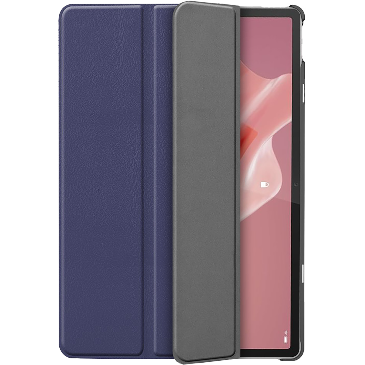 Tablet in een blauw-grijze hoes. Scherm is roze met een wit slot symbool.