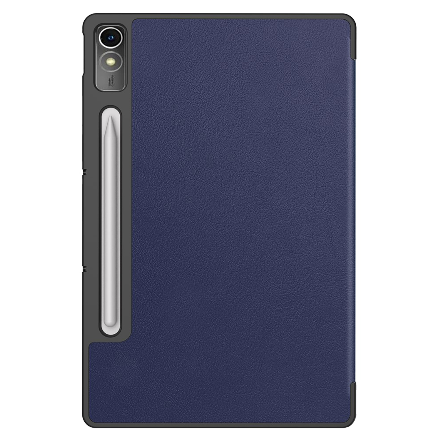 Tablet in een blauwe hoes met een stylus houder. De hoes is blauw, de stylus zilver.