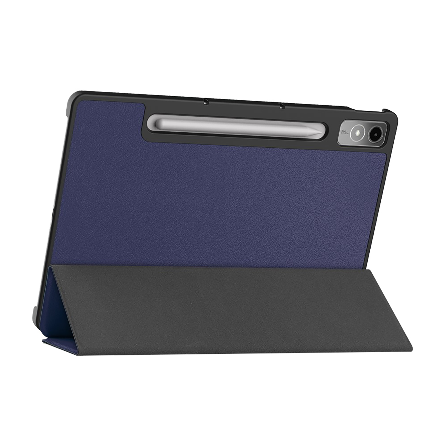 Blauwe tablet met zwarte hoes en zilveren stylus. De hoes is gevouwen.