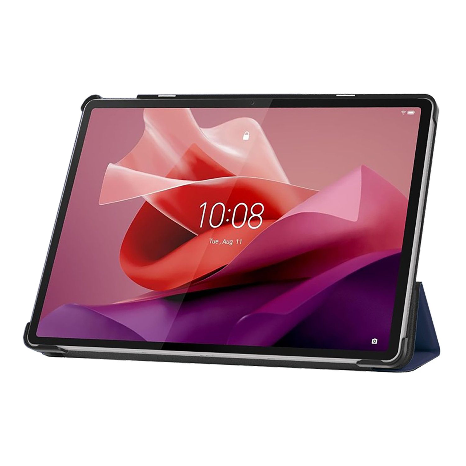 Tablet met hoes, gekanteld. Het scherm toont een kleurrijke abstracte afbeelding en tijd. Donkere achtergrond.