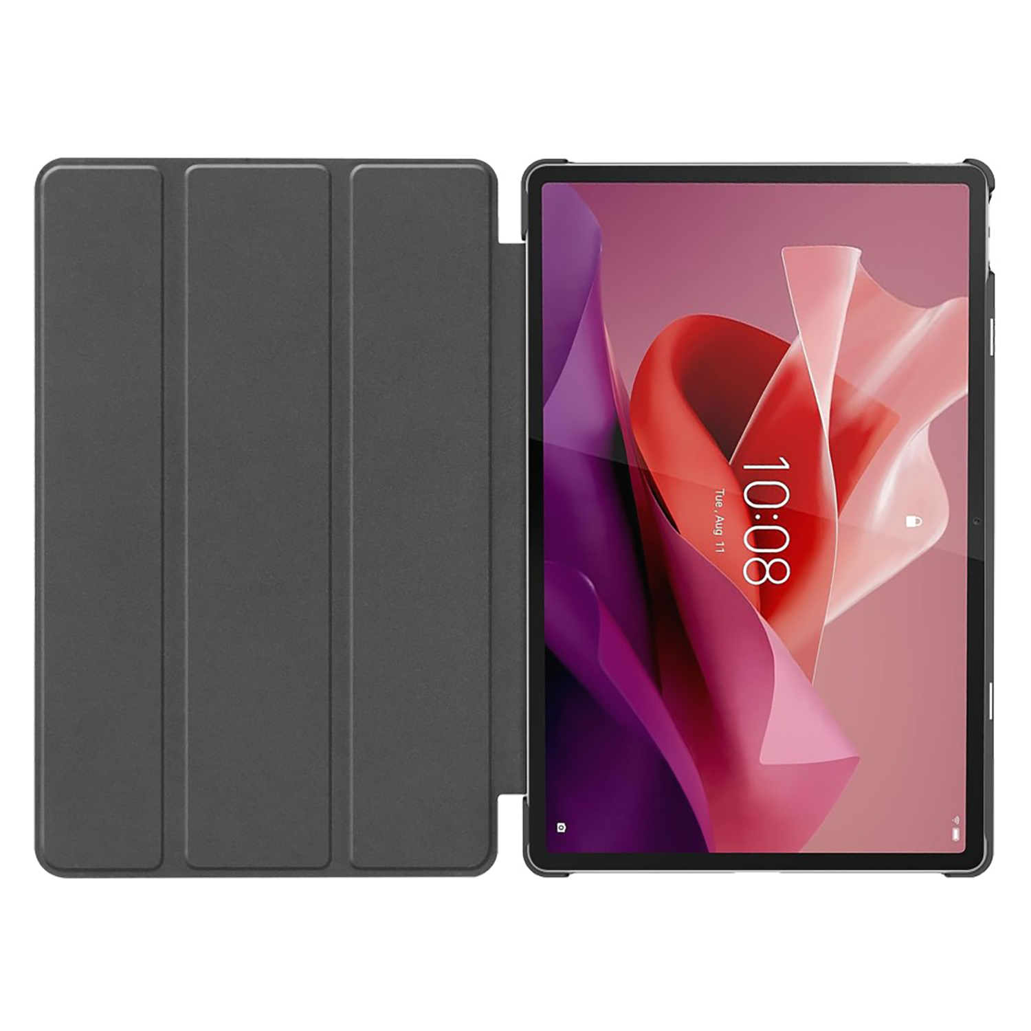 Tablet in een blauwe hoes, met styluspen, toont tijd en datum op het scherm.