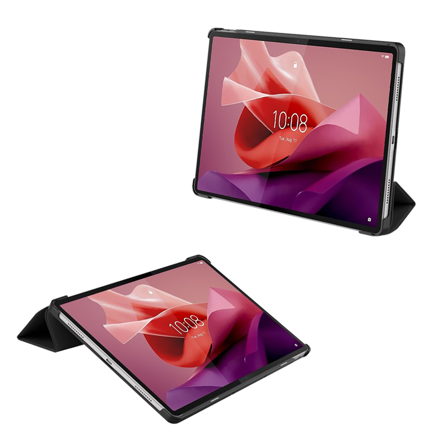 Twee tablets met zwarte hoesjes, één omhoog gekanteld, de ander omlaag. Beide tonen de tijd.