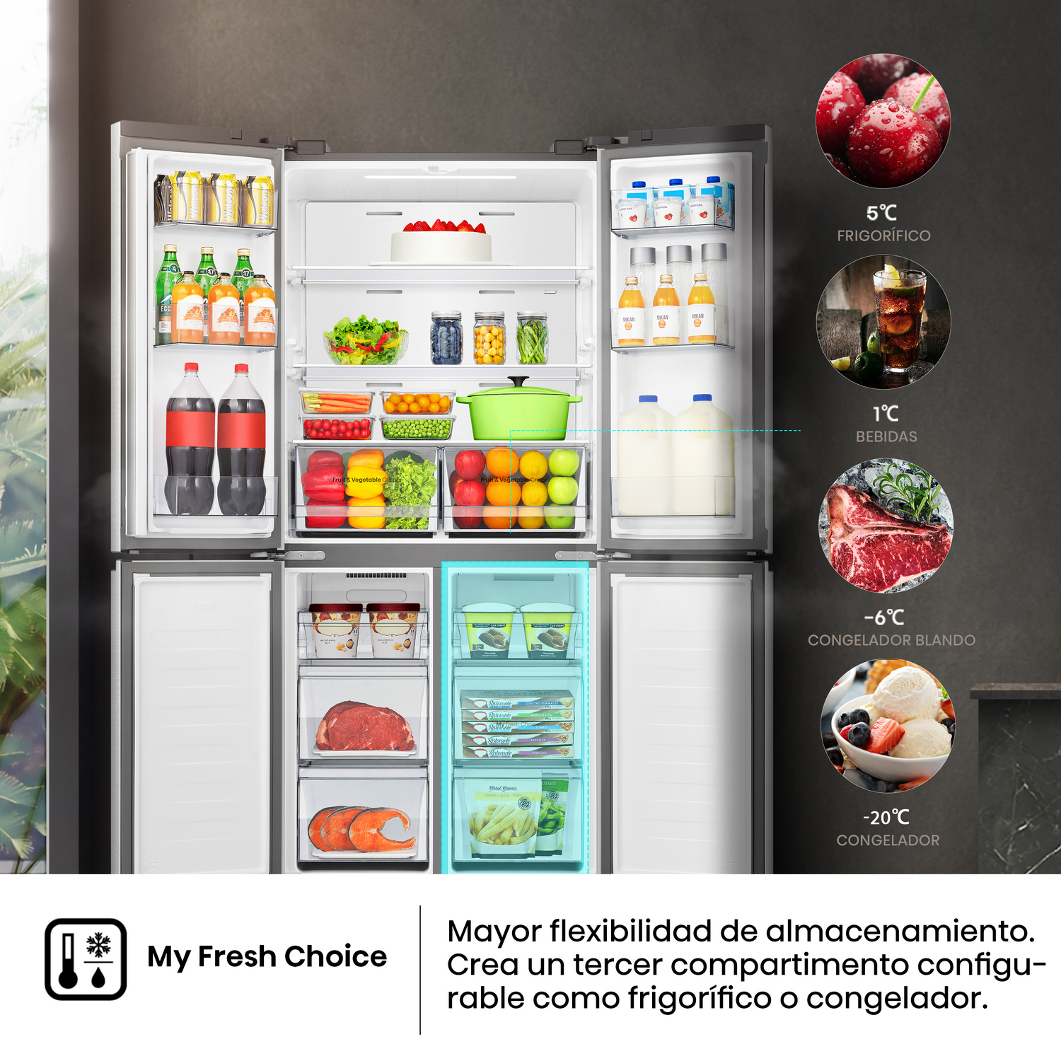 Interior de refrigerador con frutas, verduras, bebidas y alimentos congelados, diferentes temperaturas.