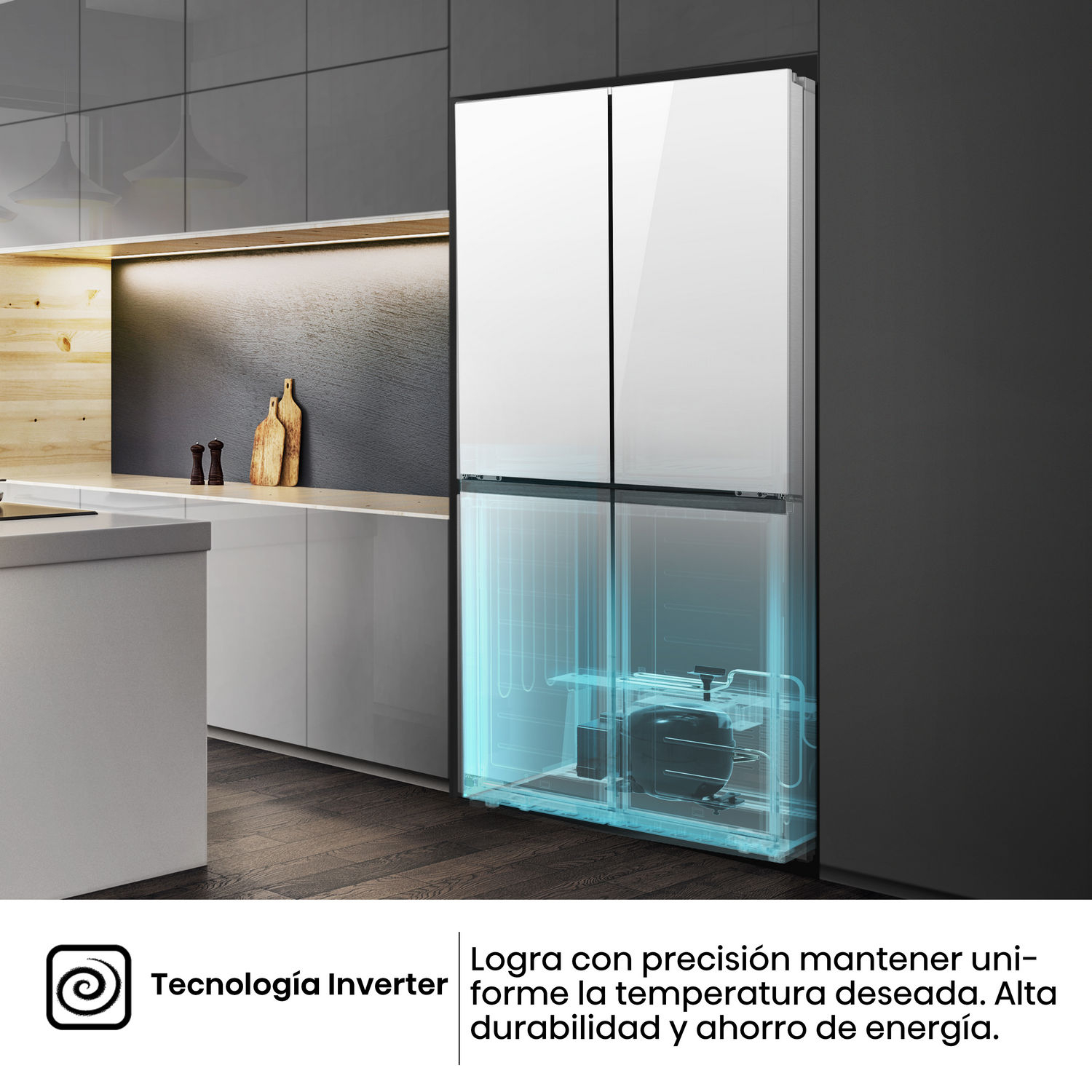 Refrigerador moderno con puertas blancas y compartimento iluminado en azul. Entorno negro.