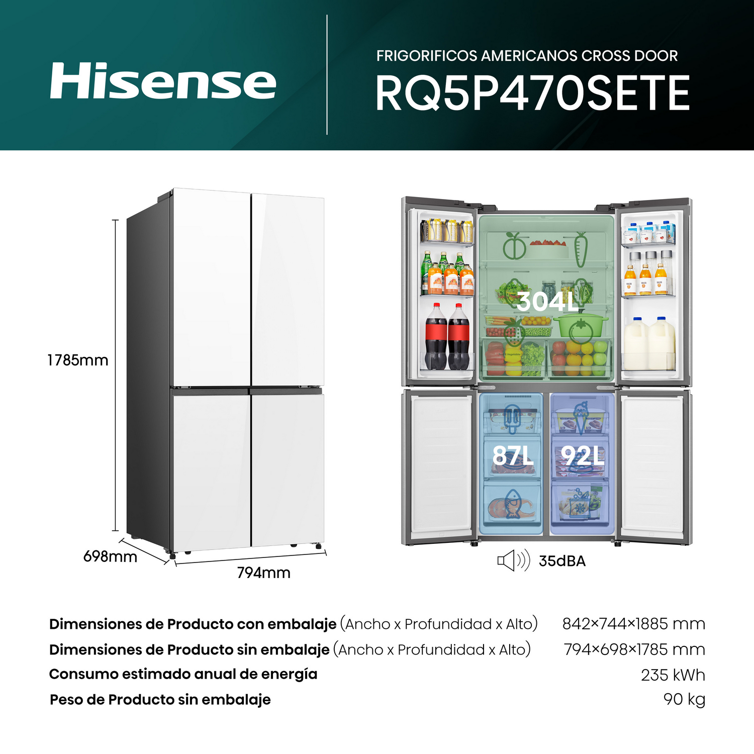 Características principales de un refrigerador Hisense, flujo de aire múltiple, wifi.