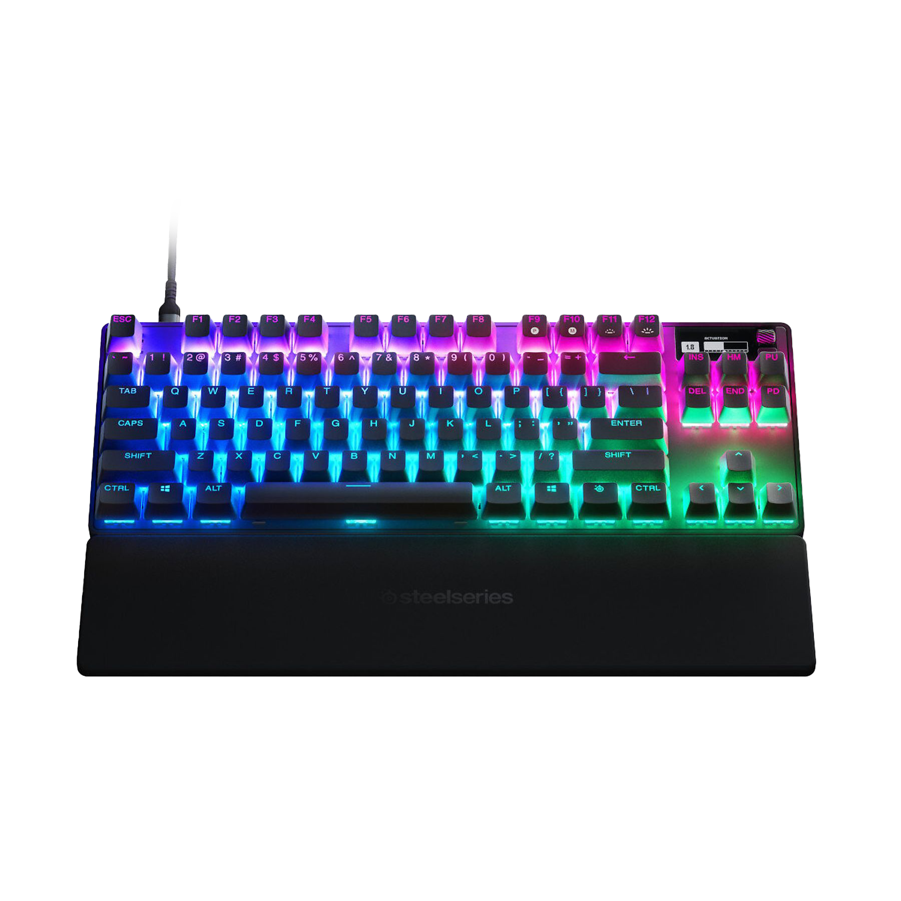 Czarna klawiatura dla graczy z kolorowymi podświetlanymi klawiszami i podpórką pod nadgarstek. Logo Steelseries.
