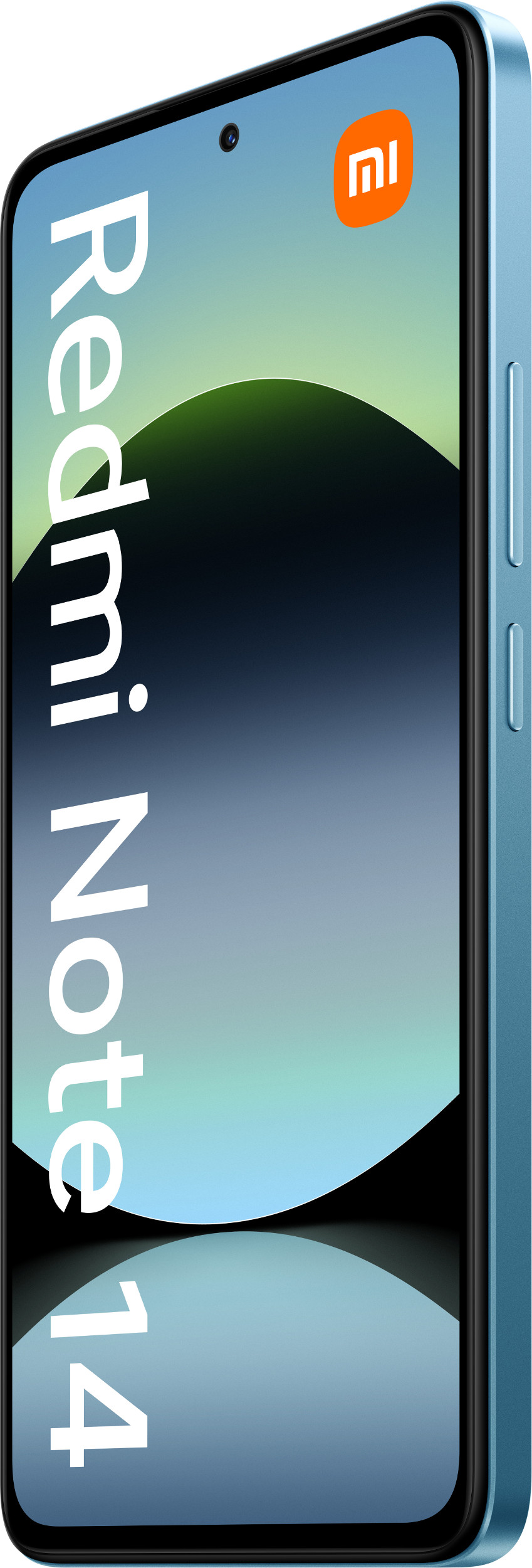 Niebieski smartfon Redmi Note 14, widok z boku, pokazujący ekran.