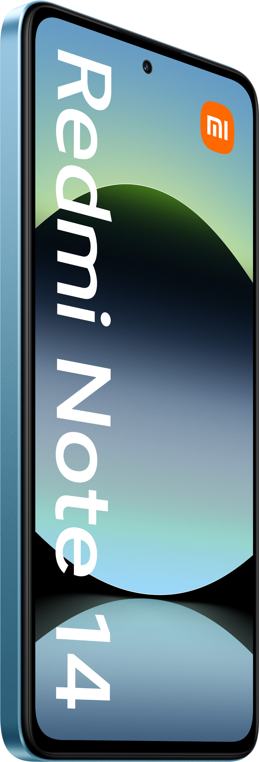 Niebieski telefon Redmi Note 14, pod kątem, z tekstem Redmi Note 14.