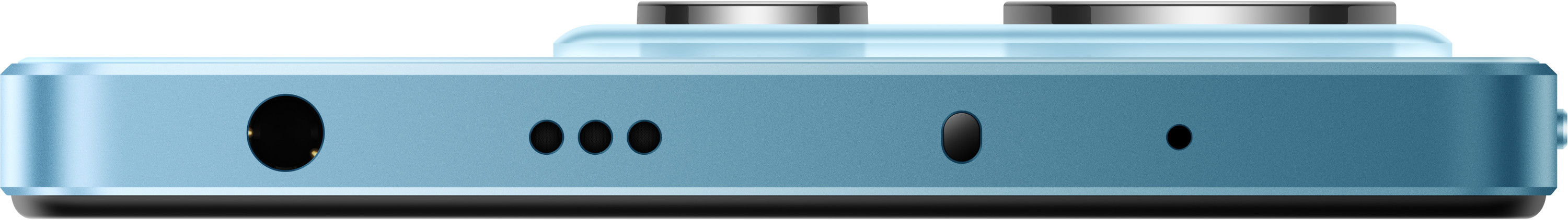 Niebieski telefon Redmi z gniazdem audio, portem ładowania i mikrofonami.