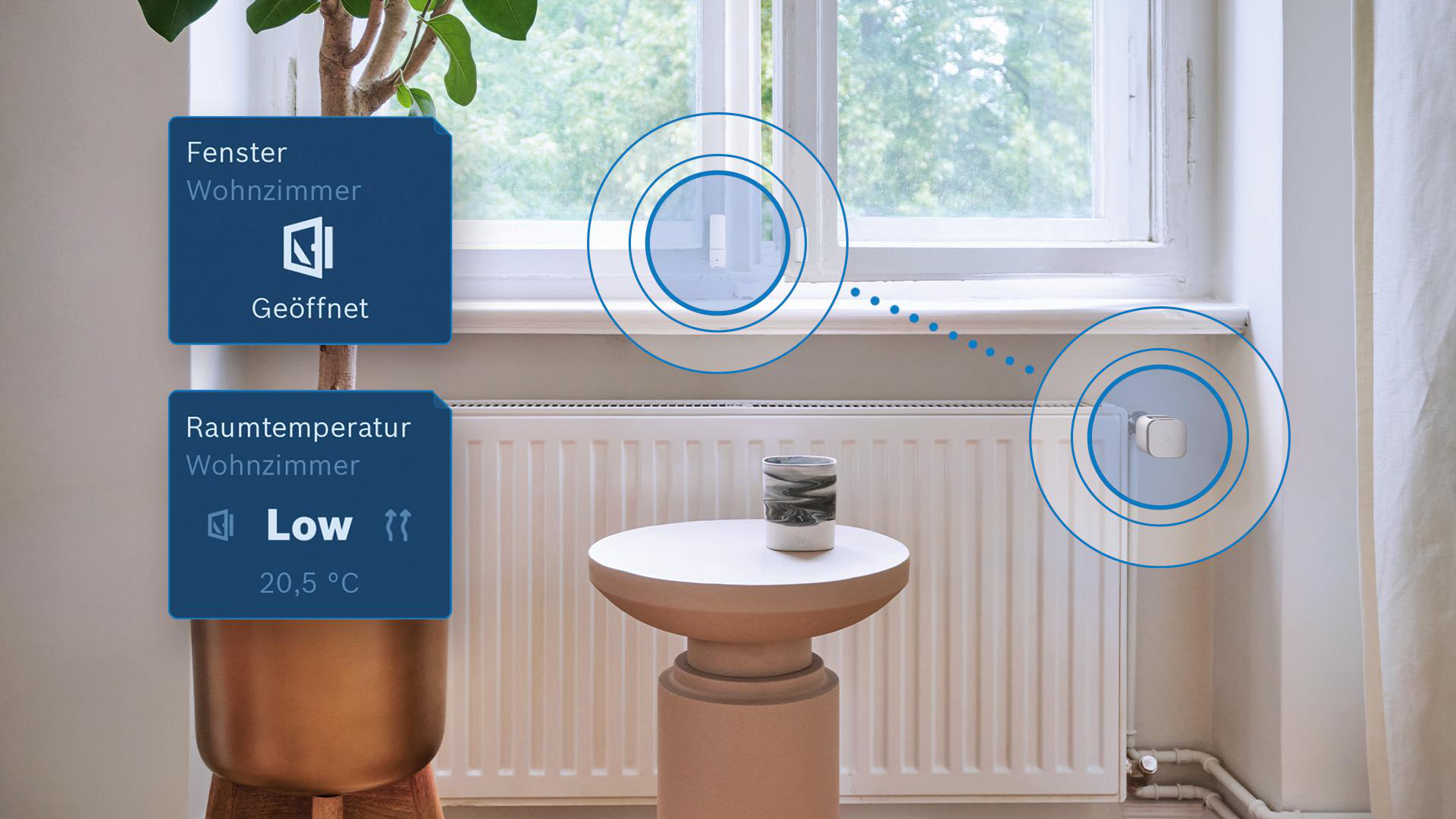 Smart-Home-Szene. Fenster, Heizkörper, Tisch und intelligente Geräte. Textfelder mit Datenanzeige.