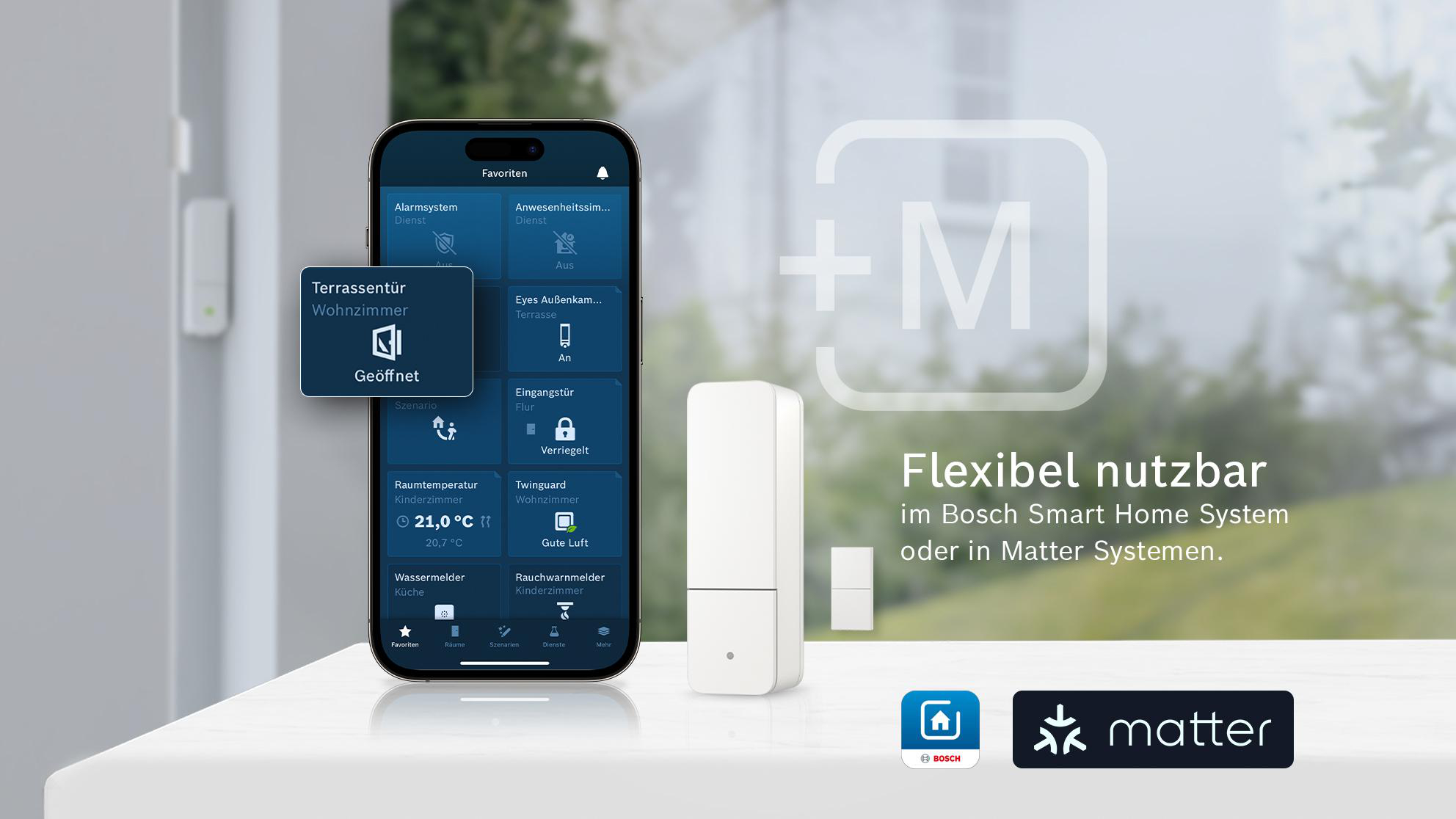 Bosch Smart Home App auf dem Telefon mit Matter-Logo.