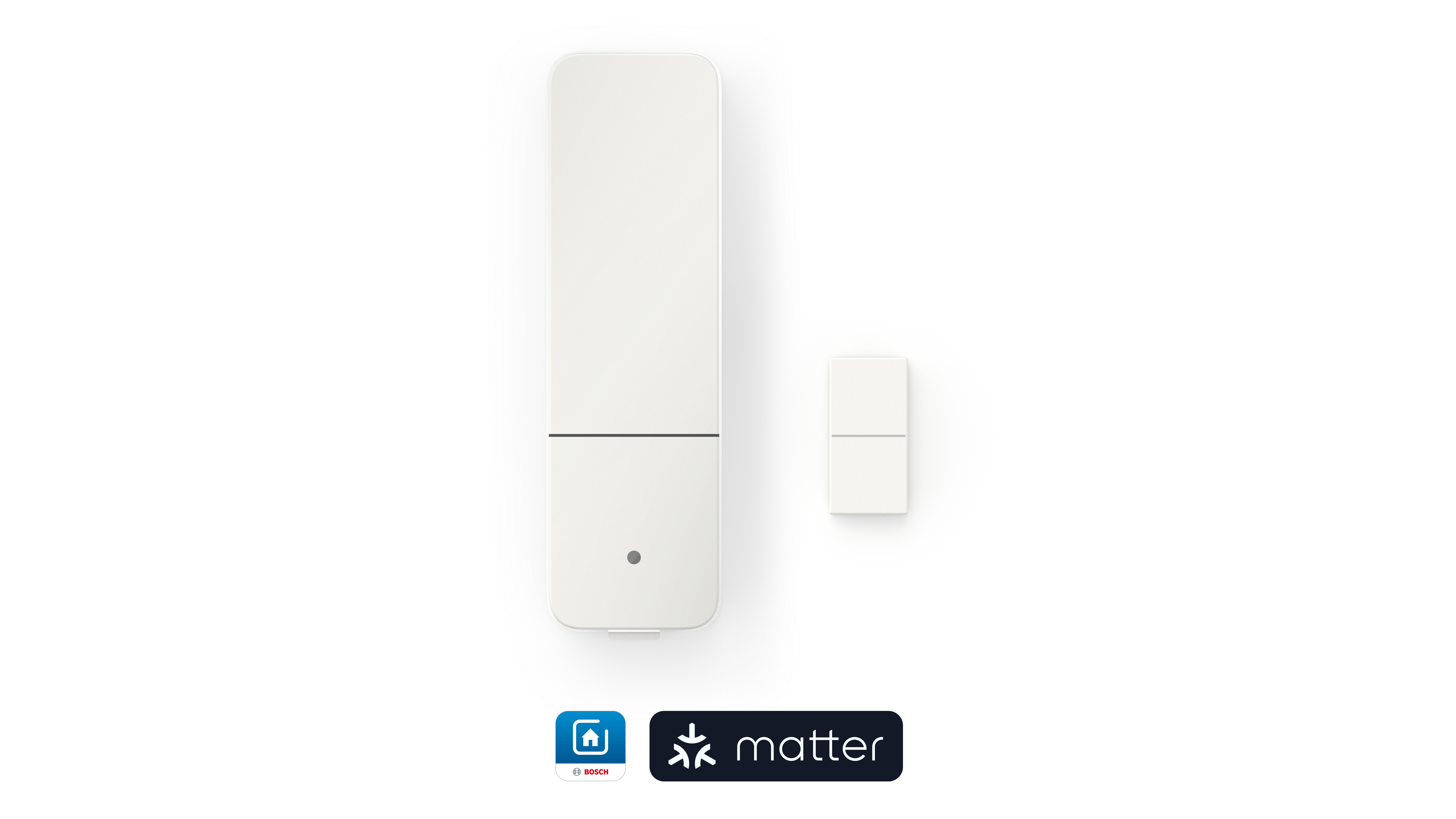 Weißer Matter Tür-/Fenstersensor, rechteckig, mit kleinerem Sensor.