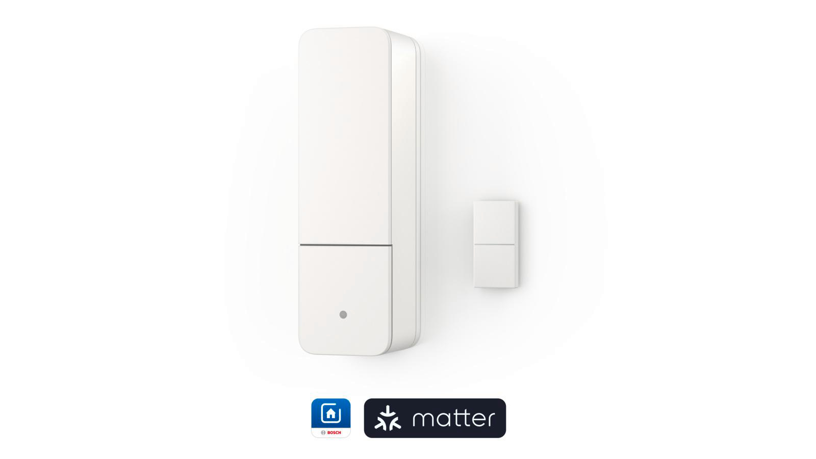 Ein weißes, rechteckiges Smart-Home-Gerät mit einem kleineren, abgetrennten Rechteck. Matter-Logo sichtbar.