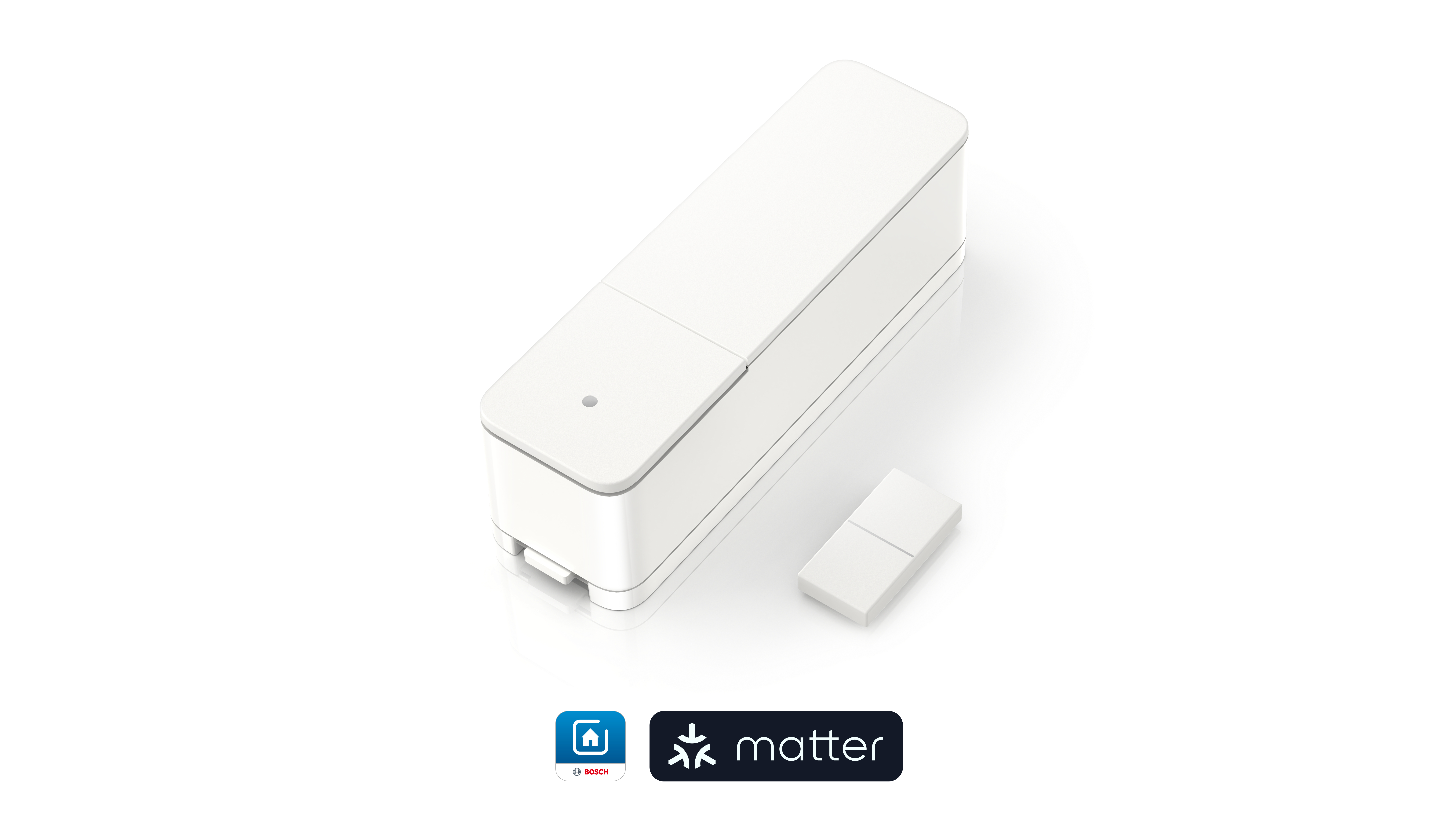Weißes Smart-Home-Gerät und ein kleineres weißes Rechteck, mit blauem und weißem Logo.