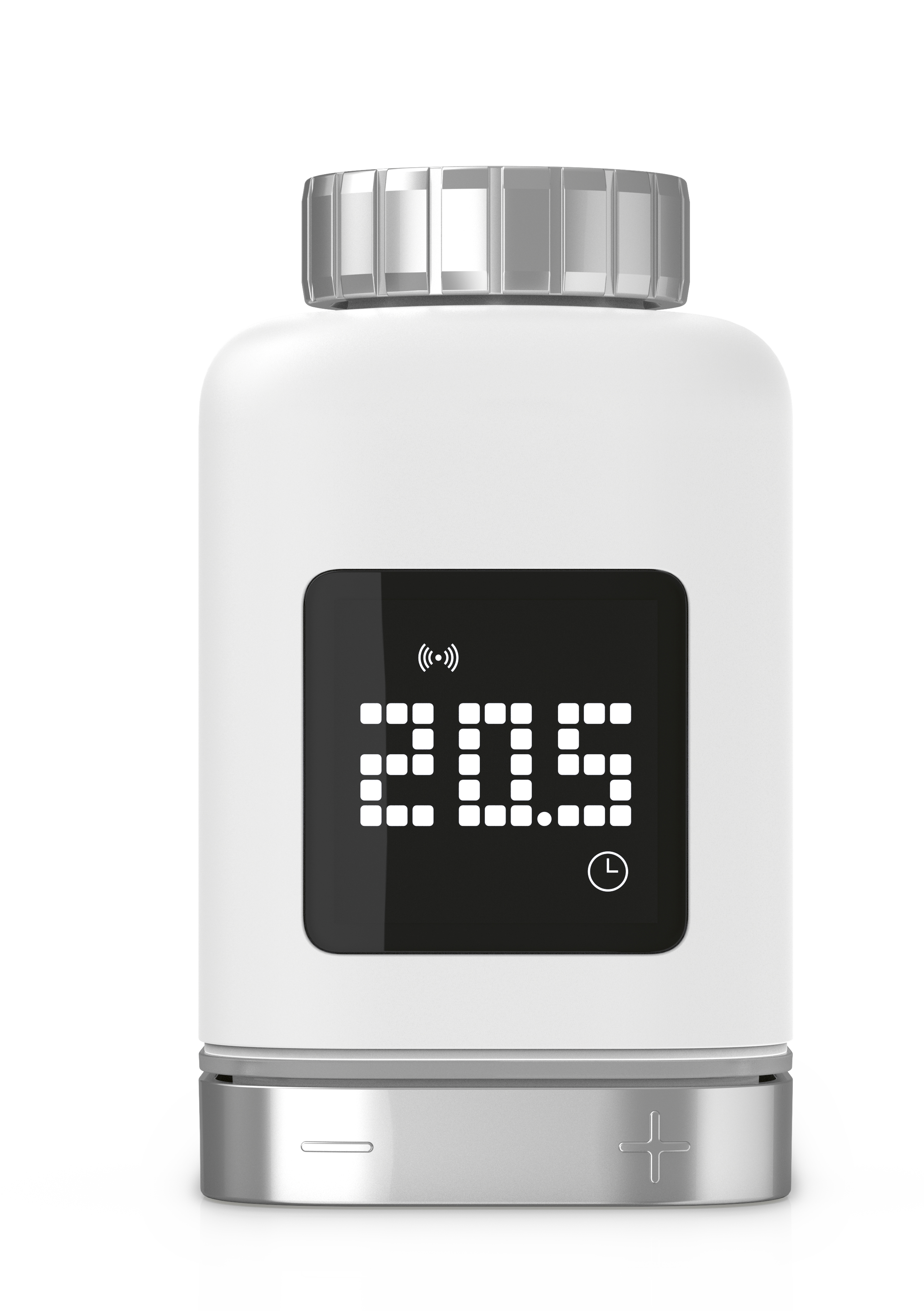 Weißes Thermostat mit Digitalanzeige, die 20,5 Grad anzeigt. Es ist vor einem weißen Hintergrund.