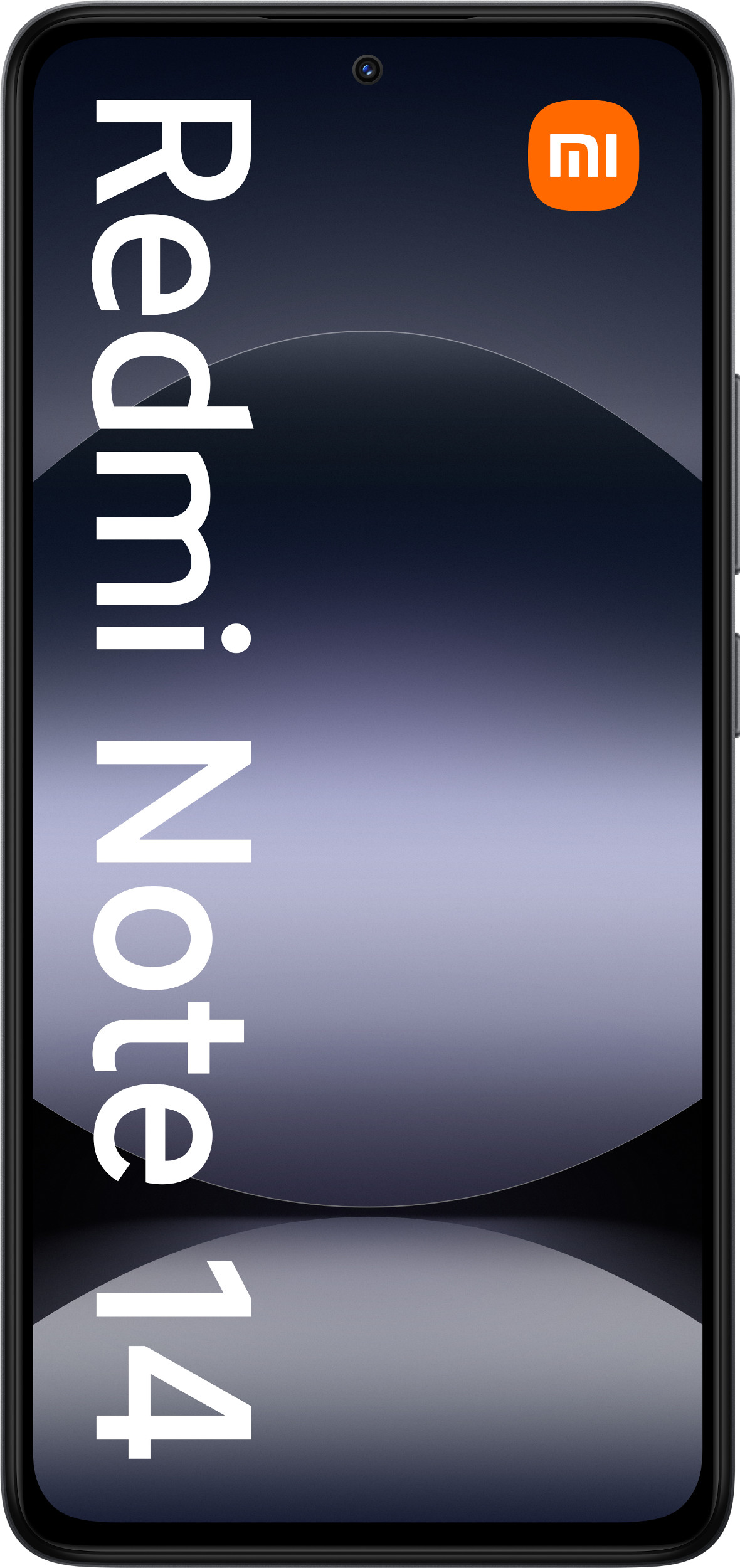 Czarny smartfon Redmi Note 14 z białym tekstem na gradientowym tle.