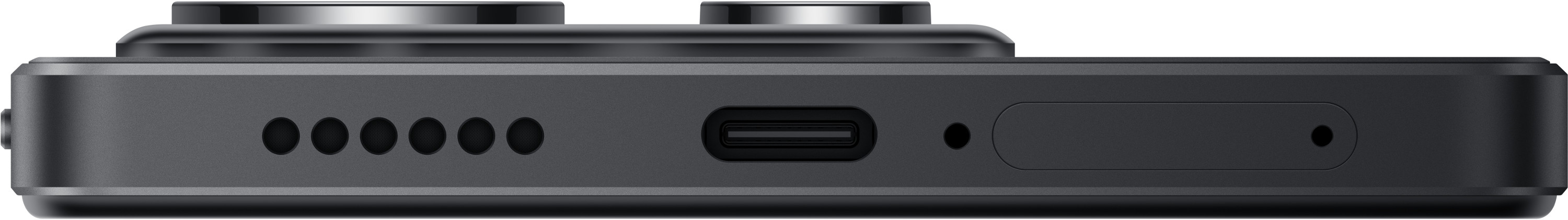 Zbliżenie czarnego telefonu z portem USB-C, otworami głośnika i mikrofonem.