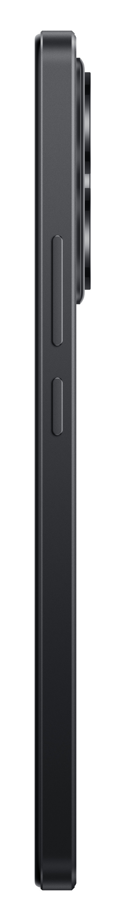 Czarny profil smartfona, pokazujący przyciski z boku i wypukłość aparatu.