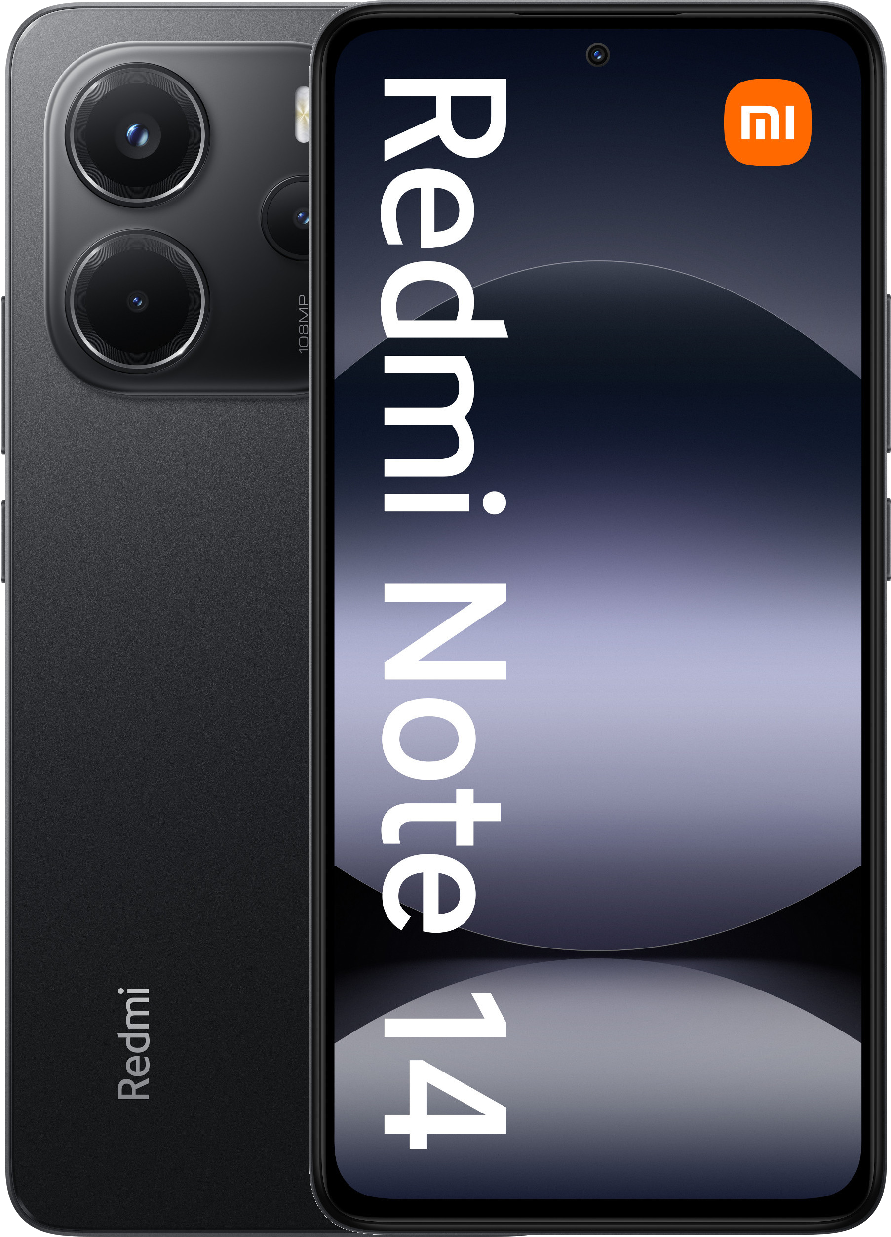 Czarny smartfon Redmi Note 14, widok z przodu i z tyłu, biały tekst na ekranie.