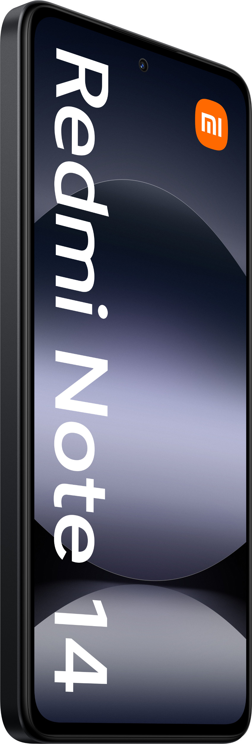 Czarny telefon Redmi Note 14, widok z przodu, z ciemnym tłem i pomarańczowym logo.