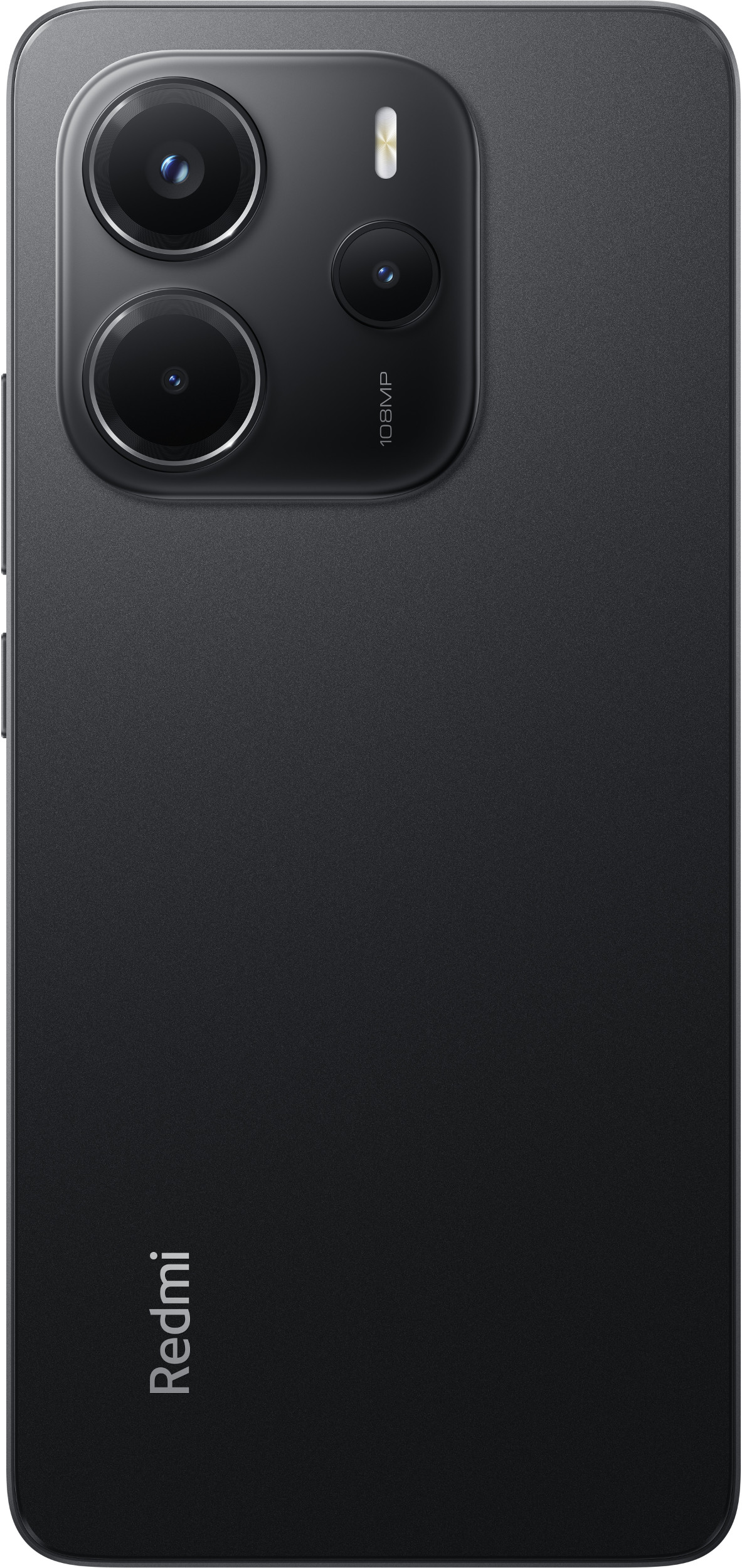 Czarny telefon z trzema aparatami i napisem Redmi.
