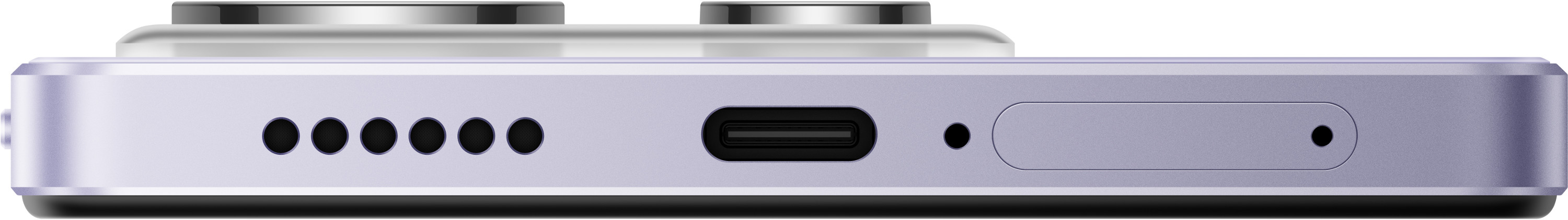 Zbliżenie dolnej krawędzi telefonu z portem ładowania, głośnikami i tacką SIM. Jasnofioletowy kolor.