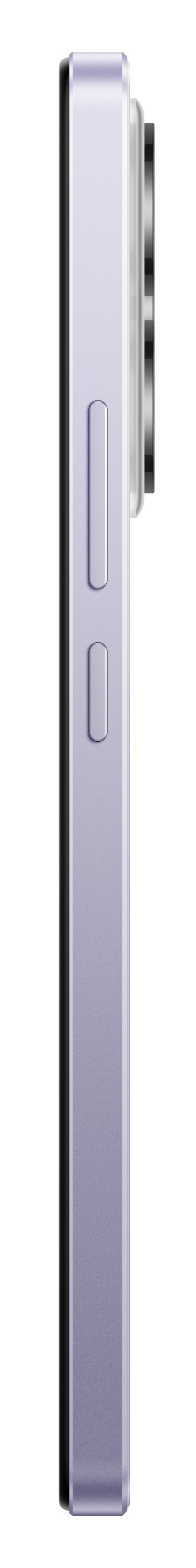 Widok z boku fioletowego smartfona z przyciskami.