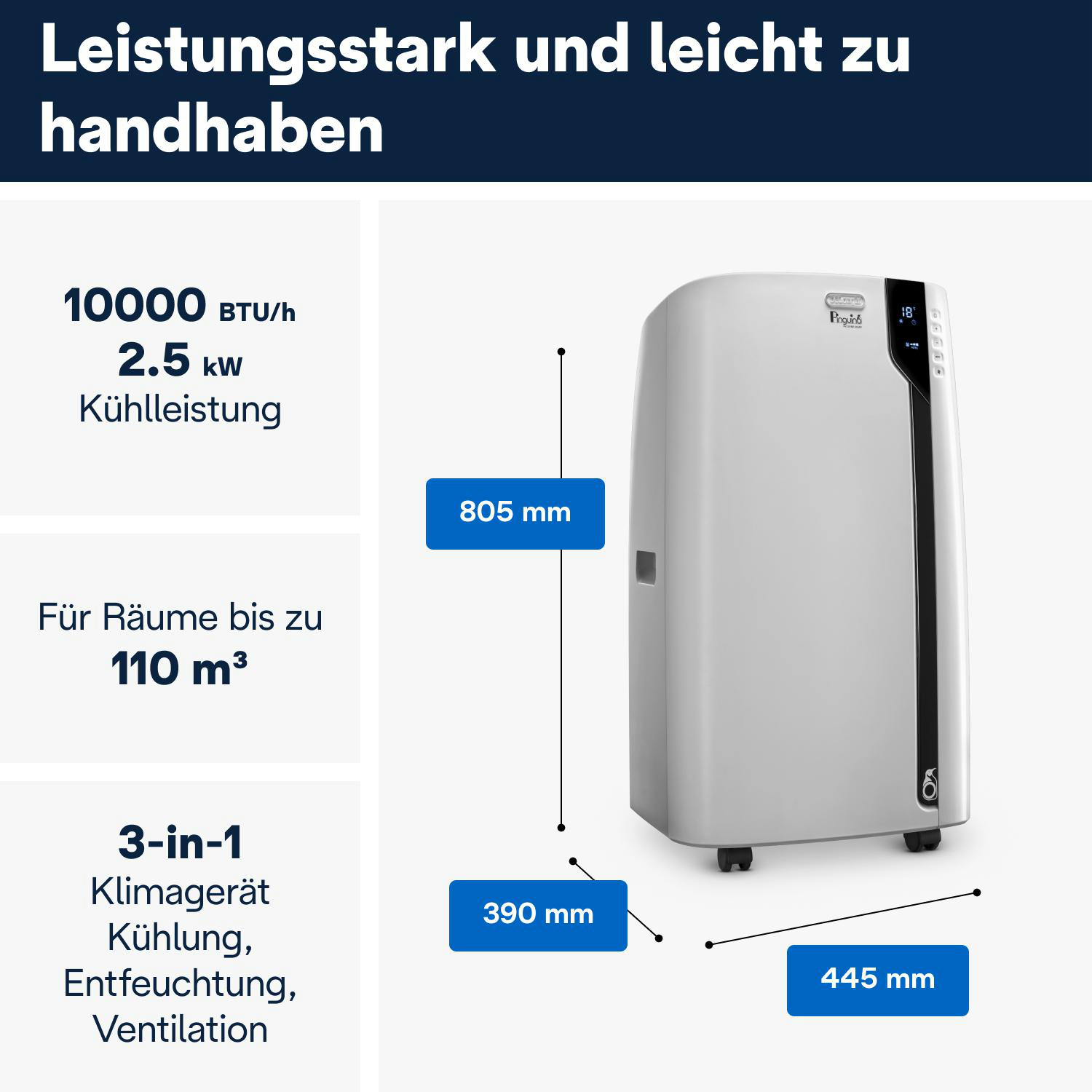 Weißes Klimagerät mit Abmessungen und Spezifikationen. Text links, Produkt rechts.