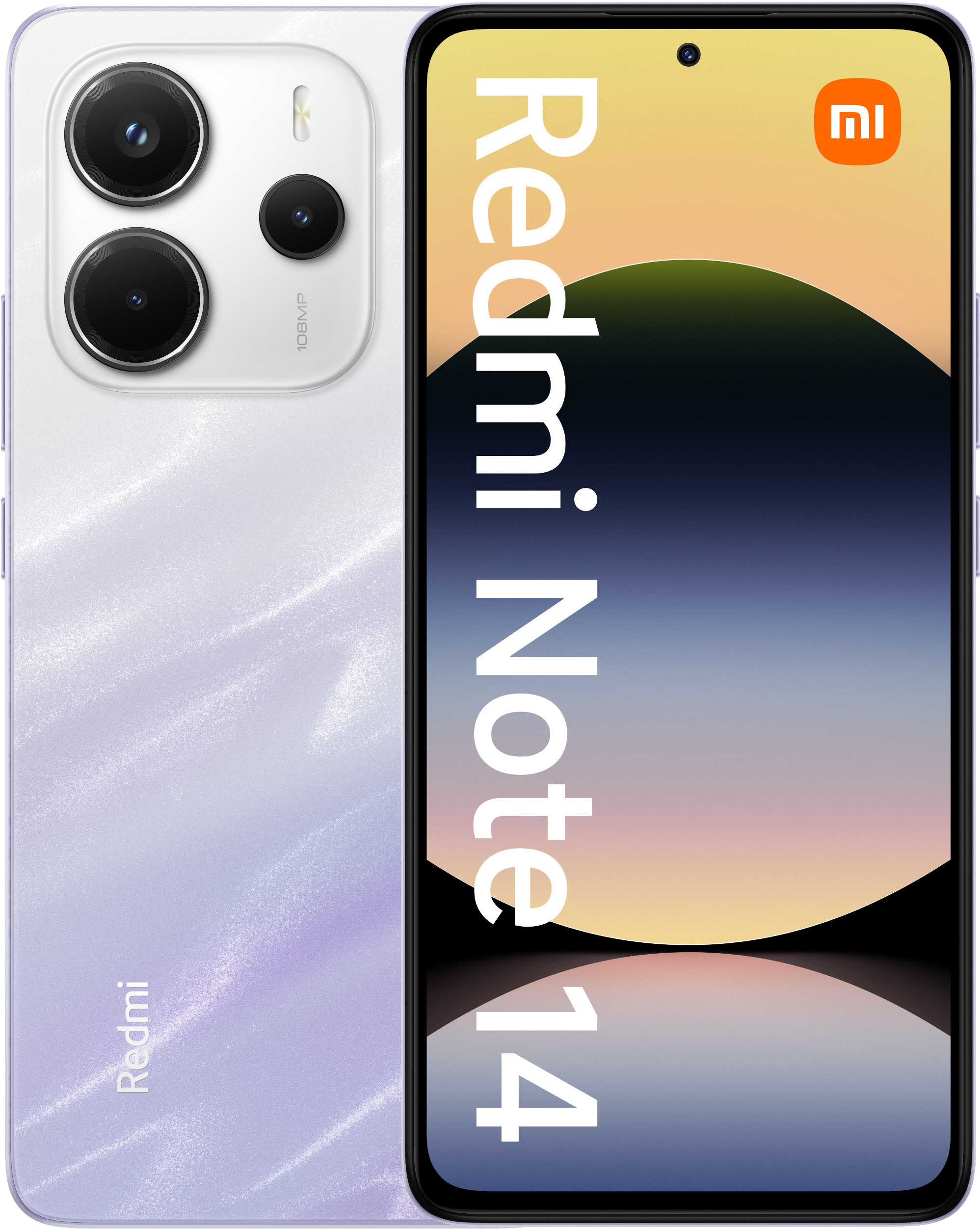 Fioletowo-biały telefon Redmi Note 14. Z tyłu widać aparat i nazwę marki.