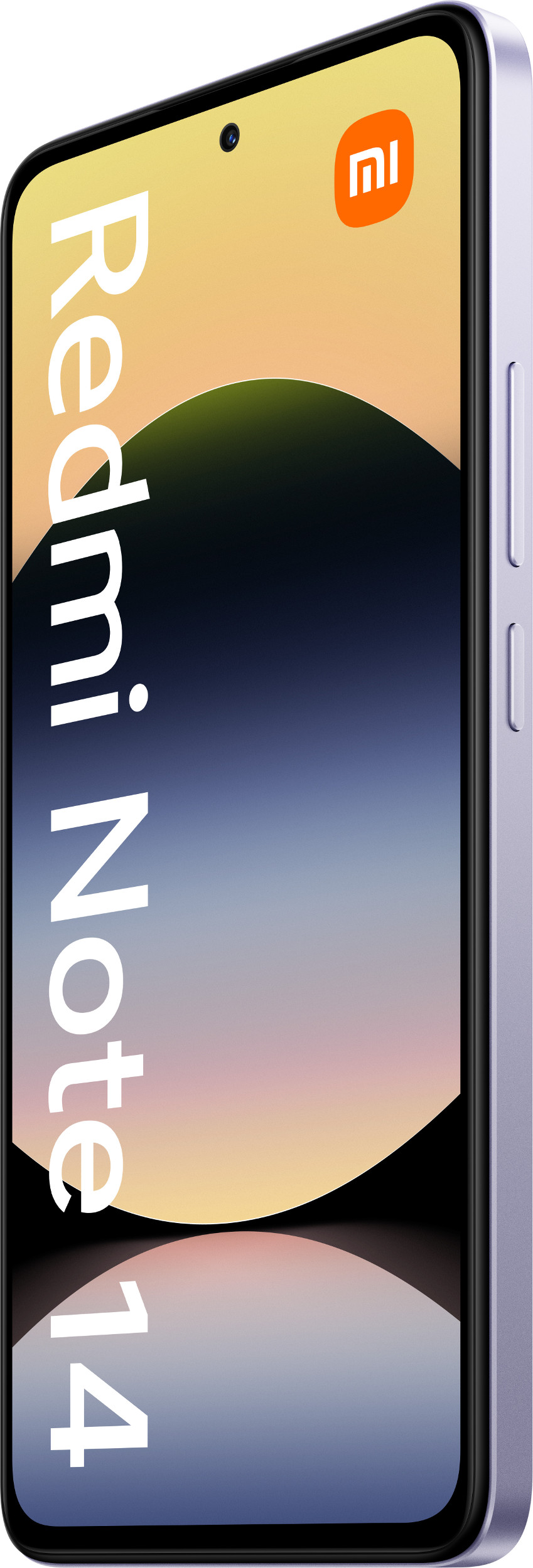 Liliowy telefon Redmi Note 14 na białym tle. Ekran telefonu jest widoczny.