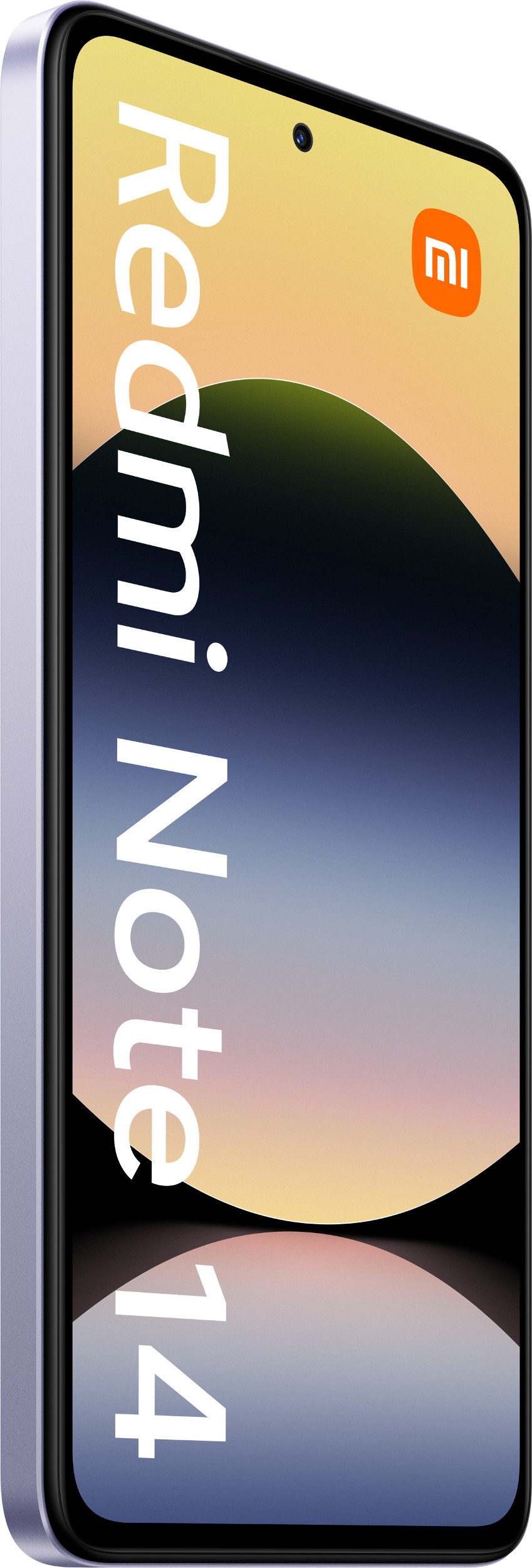 Fioletowy smartfon Redmi Note 14, lekko pod kątem, z logo Redmi i nazwą telefonu.